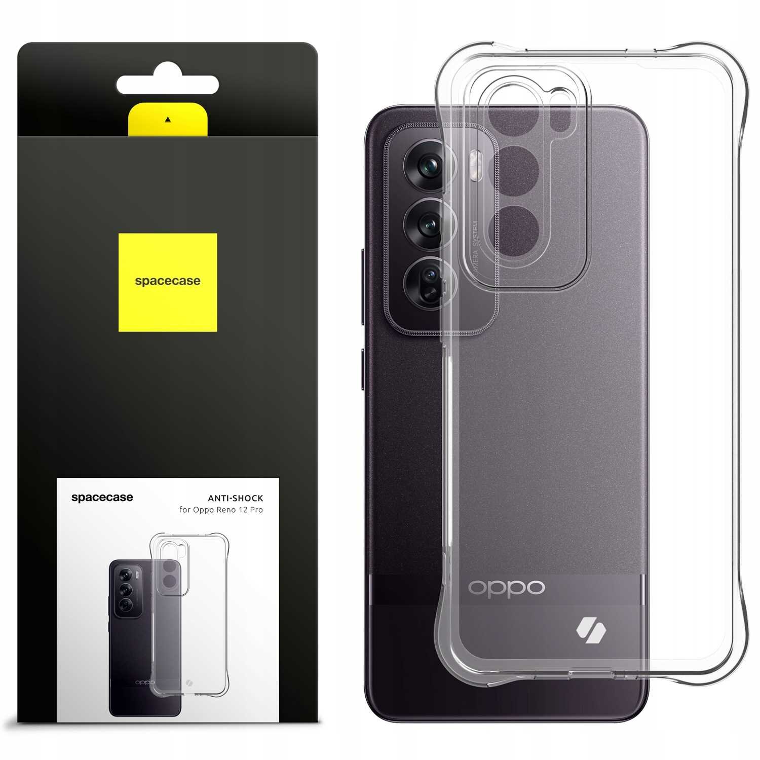 Obraz przedstawia przezroczyste silikonowe etui SPACECASE Anti-shock do Oppo Reno 12 Pro 5G oraz jego opakowanie. Na opakowaniu widnieje napis \'spacecase\' i \'ANTI-SHOCK for Oppo Reno 12 Pro\'.