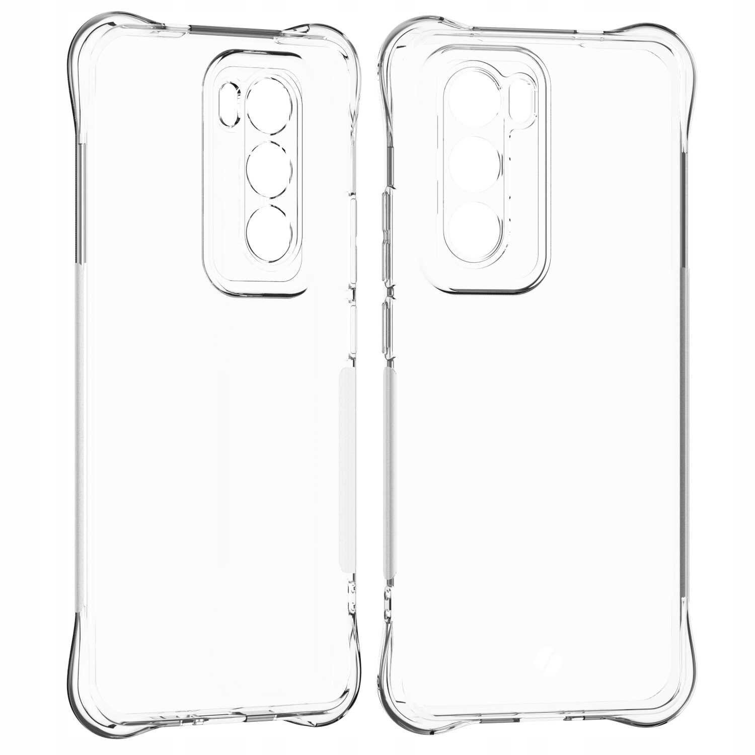 Przezroczyste silikonowe etui z wycięciami na aparat i przyciski, przeznaczone do telefonu Oppo Reno 12 5G. Etui ma wzmocnione narożniki dla dodatkowej ochrony.