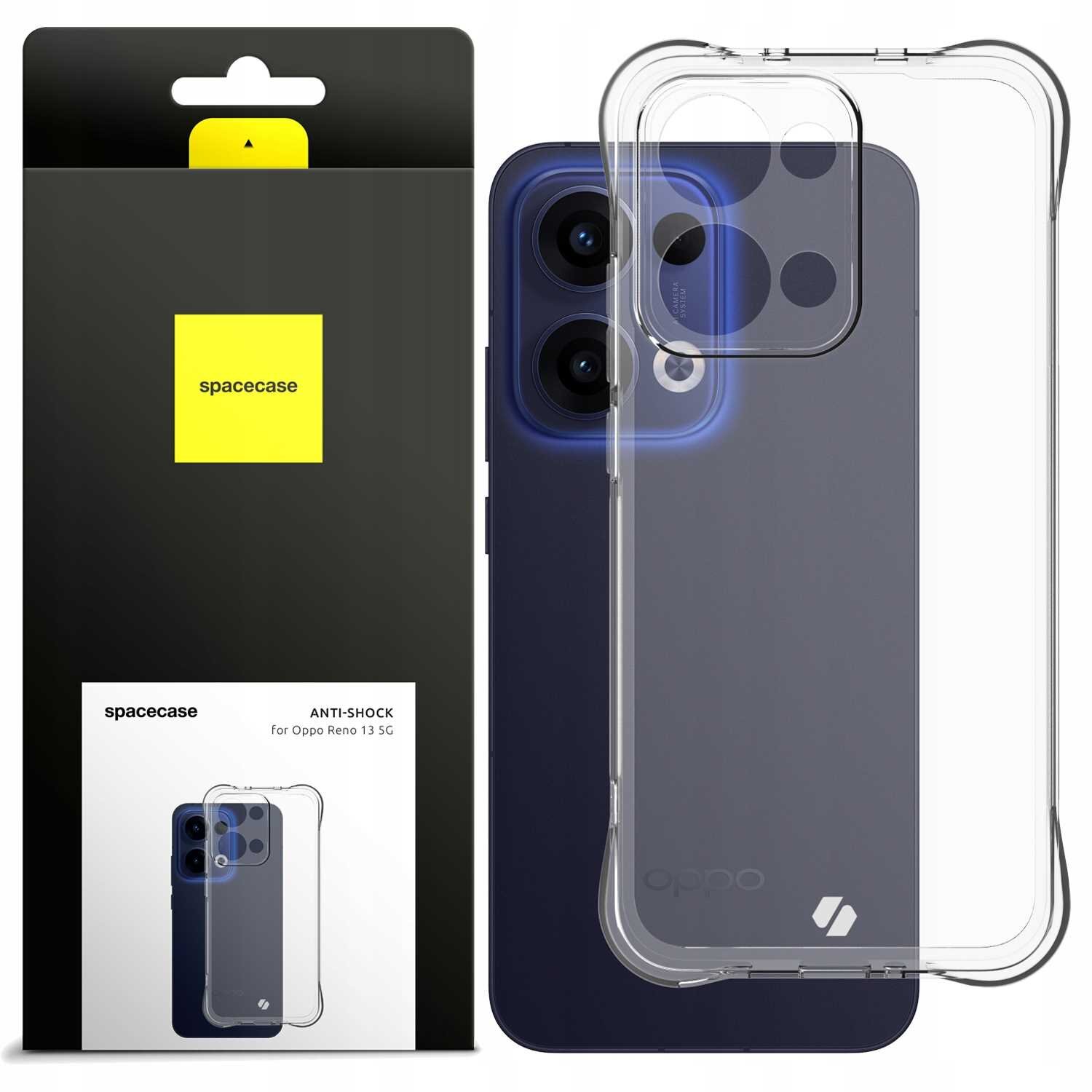 Przezroczyste silikonowe etui SPACECASE Anti-shock do Oppo Reno13 5G jest pokazane obok opakowania z logo \'spacecase\'.