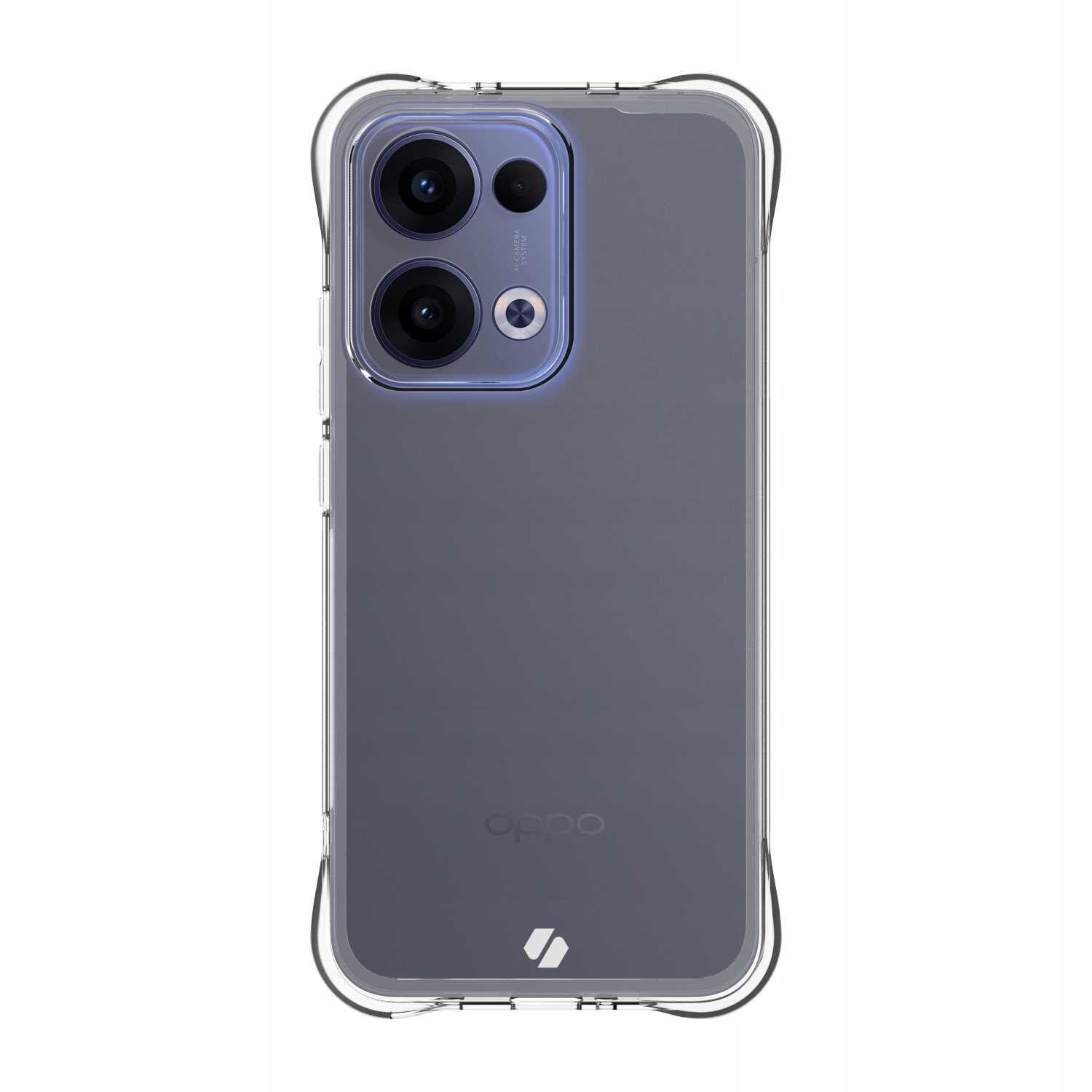 Przezroczyste silikonowe etui na telefon z widocznymi trzema aparatami fotograficznymi i logo Oppo. Na dole etui znajduje się logo producenta w formie symbolu.