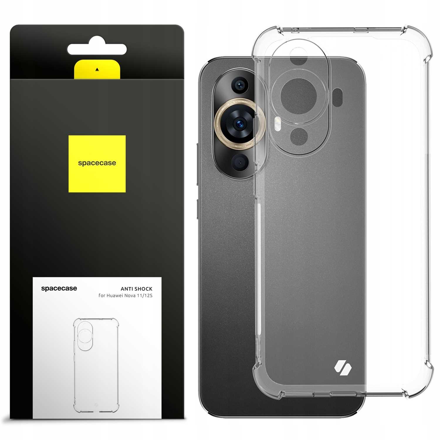 Obraz przedstawia przezroczyste silikonowe etui SPACECASE Anti-shock do Huawei Nova 11/12S oraz jego opakowanie. Na opakowaniu widnieje napis: \'spacecase ANTI SHOCK For Huawei Nova 11/12S\'.