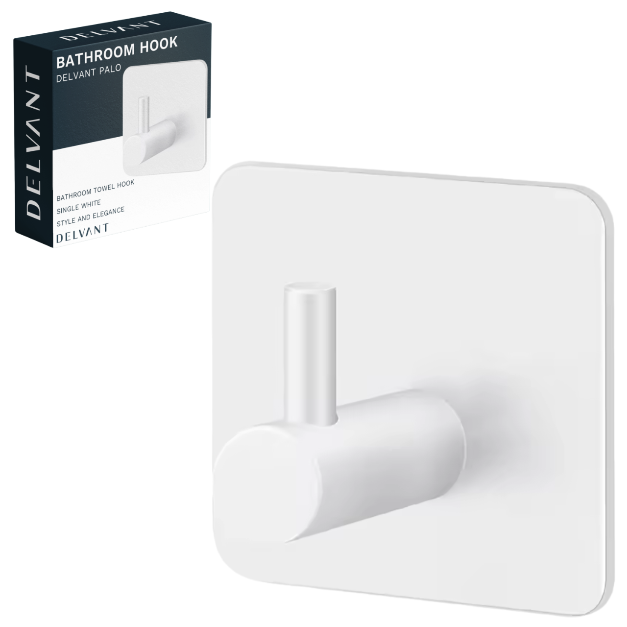 Na obrazie widoczny jest biały, samoprzylepny haczyk łazienkowy o prostym, nowoczesnym designie. Obok znajduje się opakowanie z napisem \'BATHROOM HOOK DELVANT PALO\' oraz logo \'DELVANT\'.