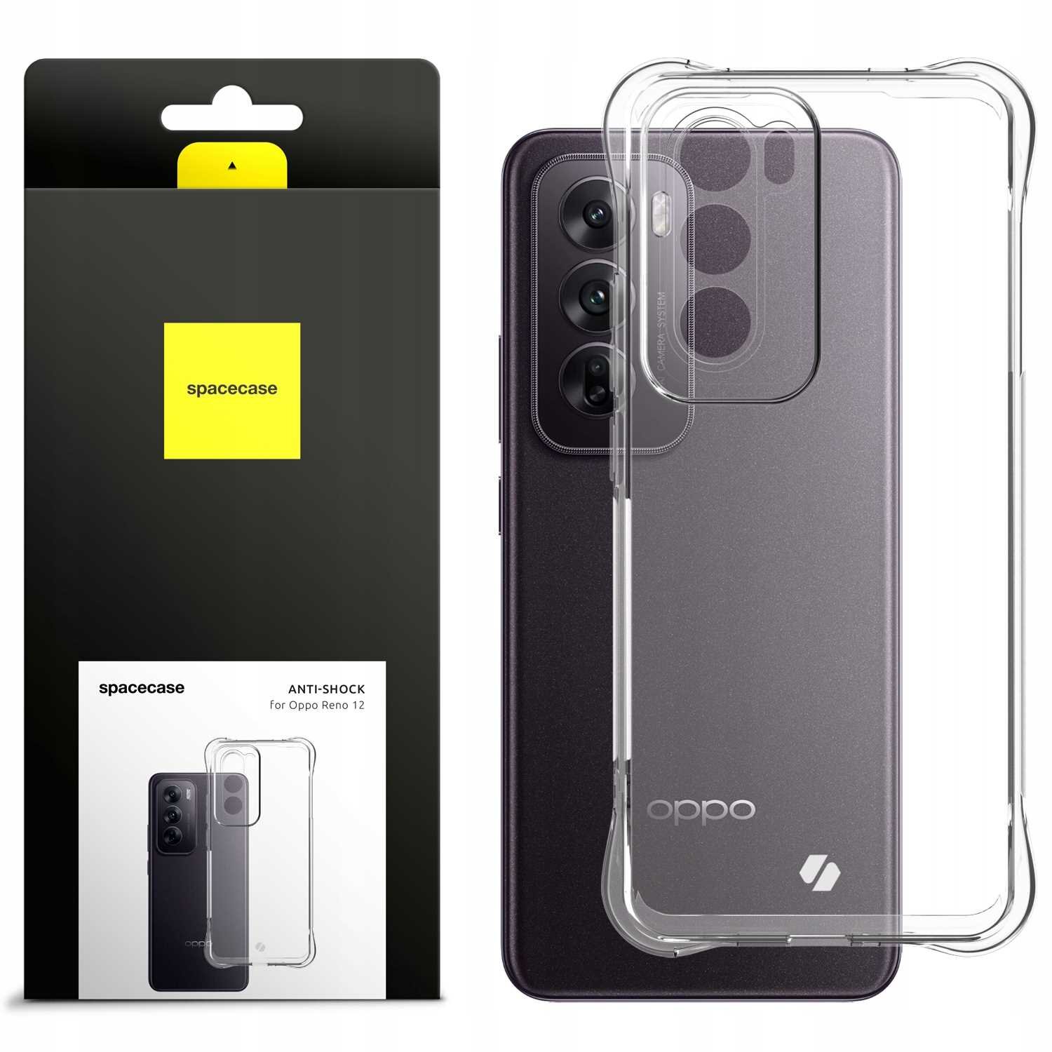 Obraz przedstawia przezroczyste silikonowe etui na telefon oraz jego opakowanie z napisem \'spacecase ANTI-SHOCK for Oppo Reno 12\'. Etui jest umieszczone obok telefonu z widocznymi trzema obiektywami aparatu.