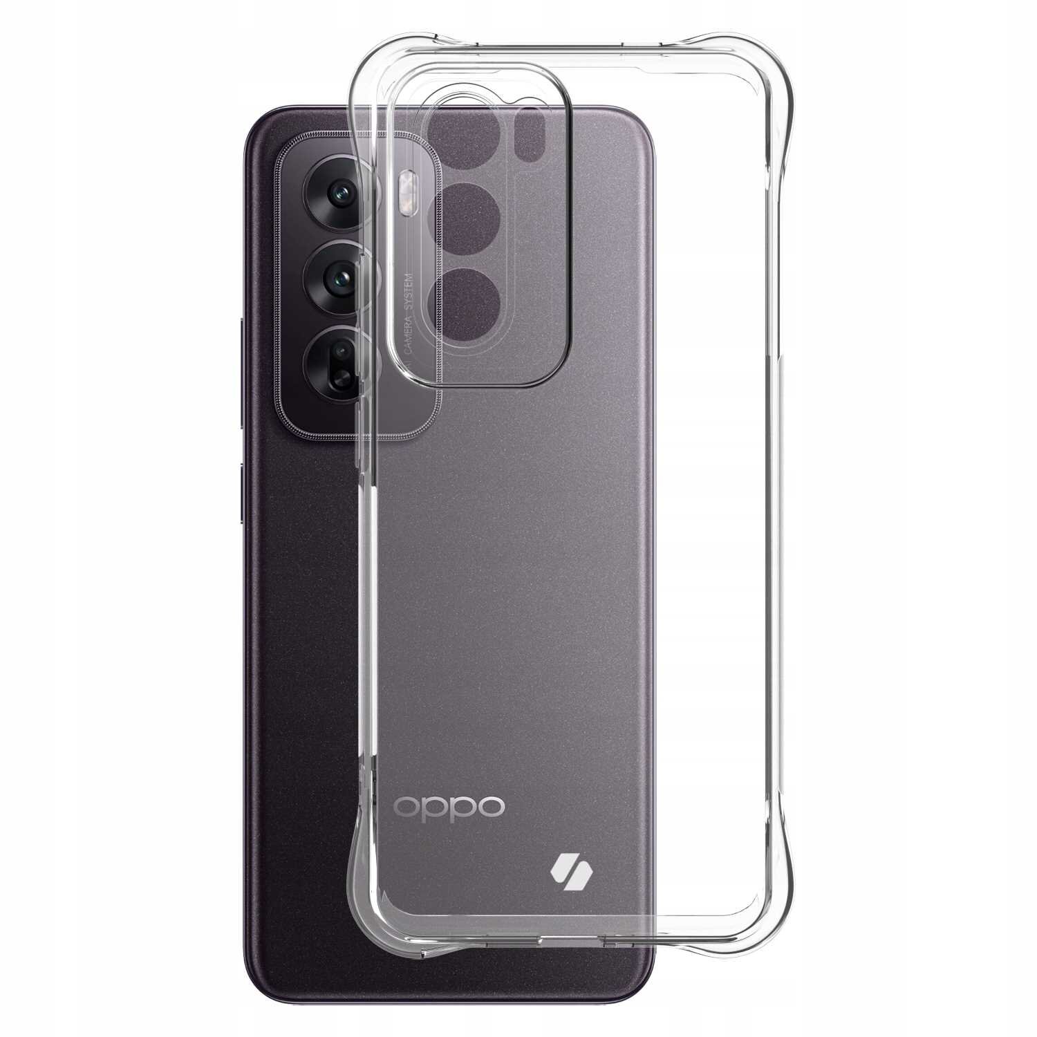 Na obrazie widoczny jest przezroczysty silikonowy futerał na telefon, umieszczony na ciemnym smartfonie z trzema obiektywami aparatu. Na telefonie widoczne jest logo \'oppo\'.