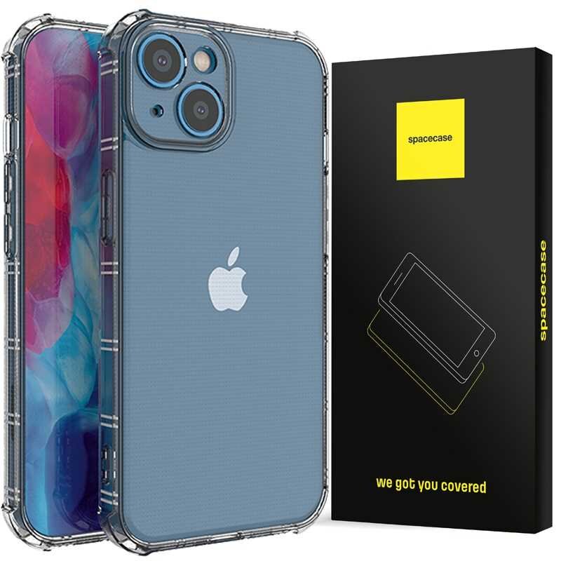 Przezroczyste silikonowe etui na telefon z widocznym logo jabłka. Obok znajduje się czarne pudełko z napisem \'spacecase\' i \'we got you covered\'.