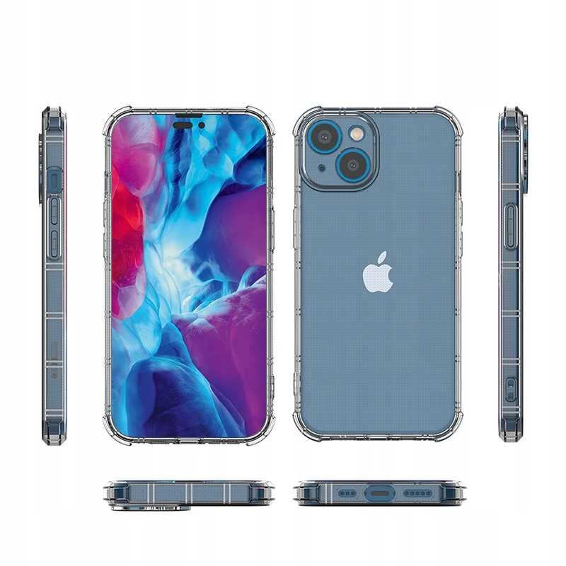 Obraz przedstawia przezroczyste silikonowe etui na telefon z widocznym logo w kształcie jabłka. Etui jest pokazane z różnych perspektyw, w tym z przodu, z tyłu i z boków.