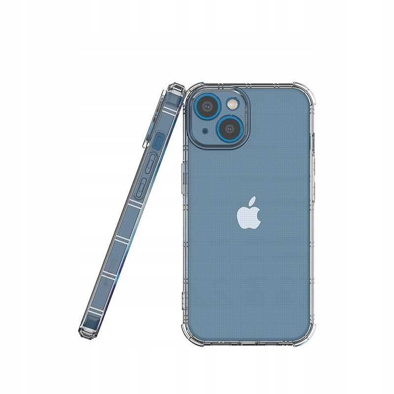Przezroczyste silikonowe etui na telefon z widocznym logo jabłka na tylnej części. Etui posiada wzmocnione narożniki i wycięcia na przyciski oraz aparat.