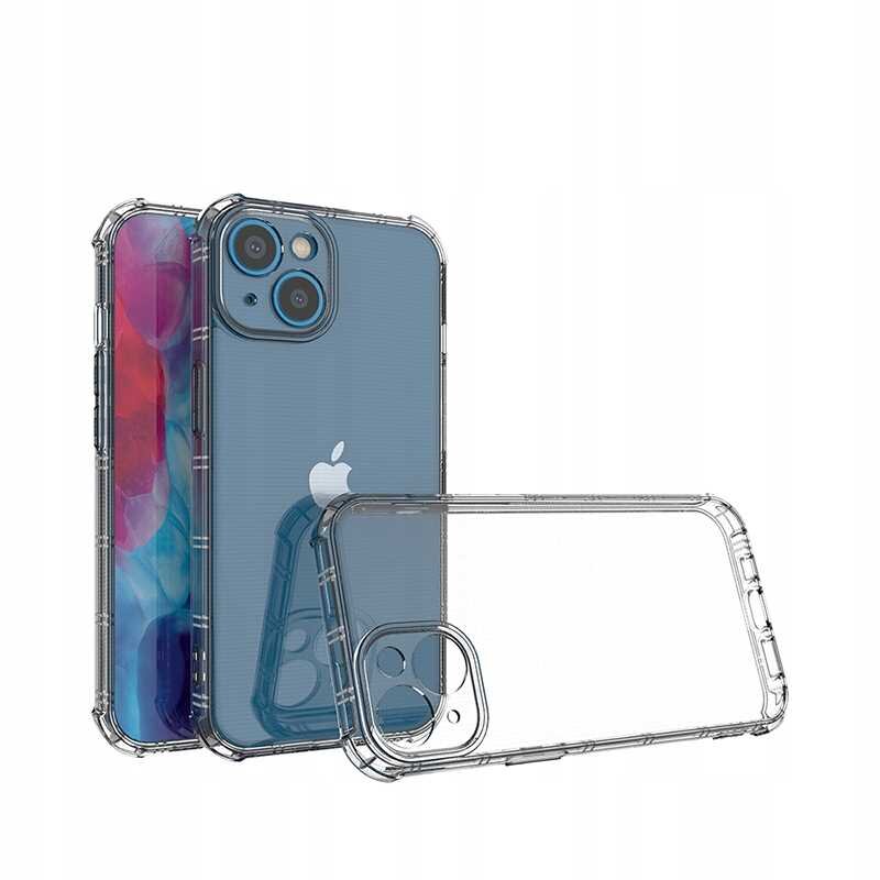 Przezroczyste silikonowe etui na telefon z widocznymi wzmocnieniami na rogach. Obok etui znajduje się telefon z logo jabłka na tylnej obudowie.