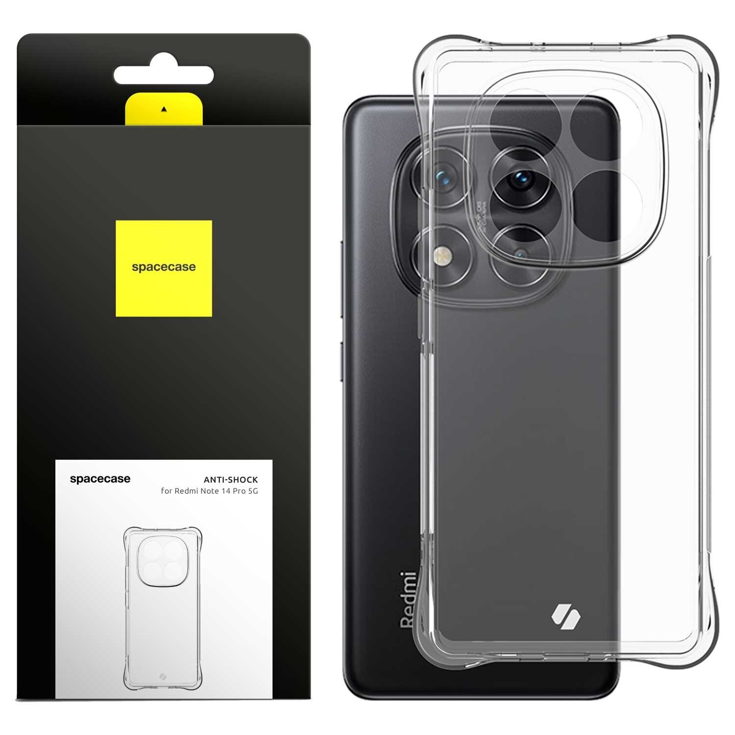Obraz przedstawia przezroczyste silikonowe etui SPACECASE Anti-shock do telefonu Redmi Note 14 Pro 5G. Obok etui znajduje się opakowanie z logo \'spacecase\' i napisem \'ANTI-SHOCK for Redmi Note 14 Pro 5G\'.