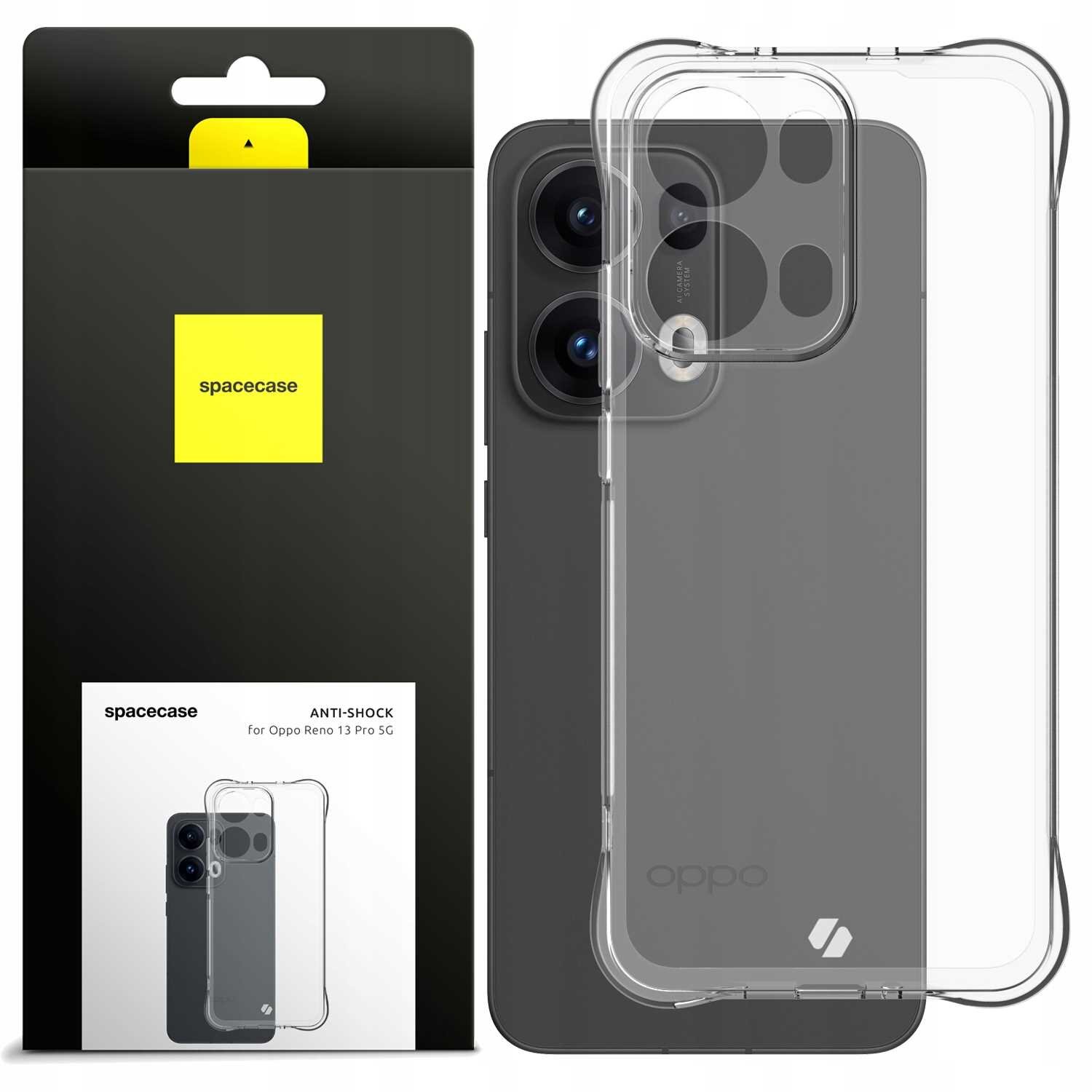 Przezroczyste silikonowe etui SPACECASE Anti-shock do Oppo Reno13 Pro 5G jest pokazane obok opakowania z logo spacecase. Na opakowaniu widnieje napis: \'spacecase ANTI-SHOCK for Oppo Reno 13 Pro 5G\'.