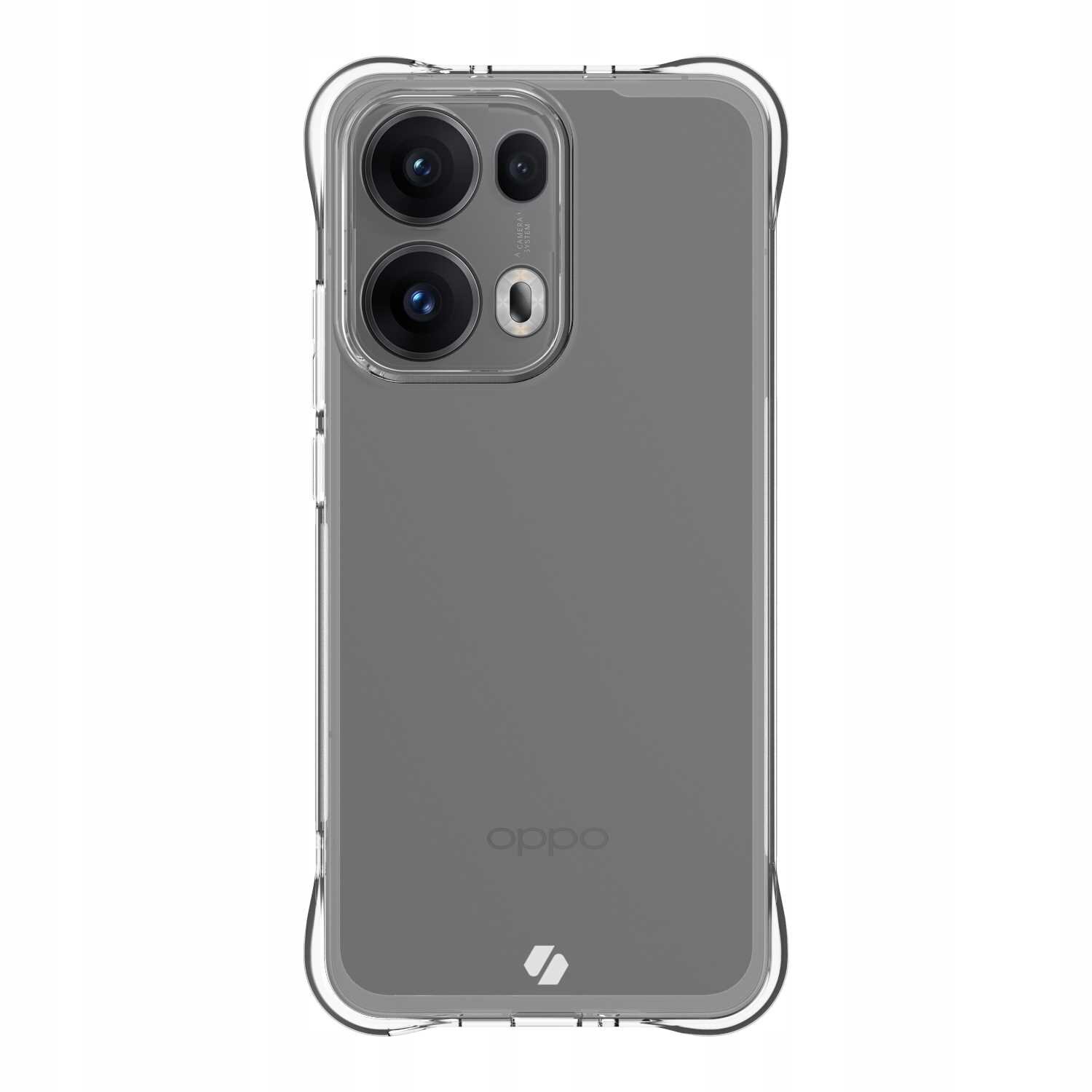 Przezroczyste silikonowe etui na telefon z widocznymi trzema obiektywami aparatu i logo \'oppo\' na dole. Etui ma wzmocnione narożniki dla dodatkowej ochrony.