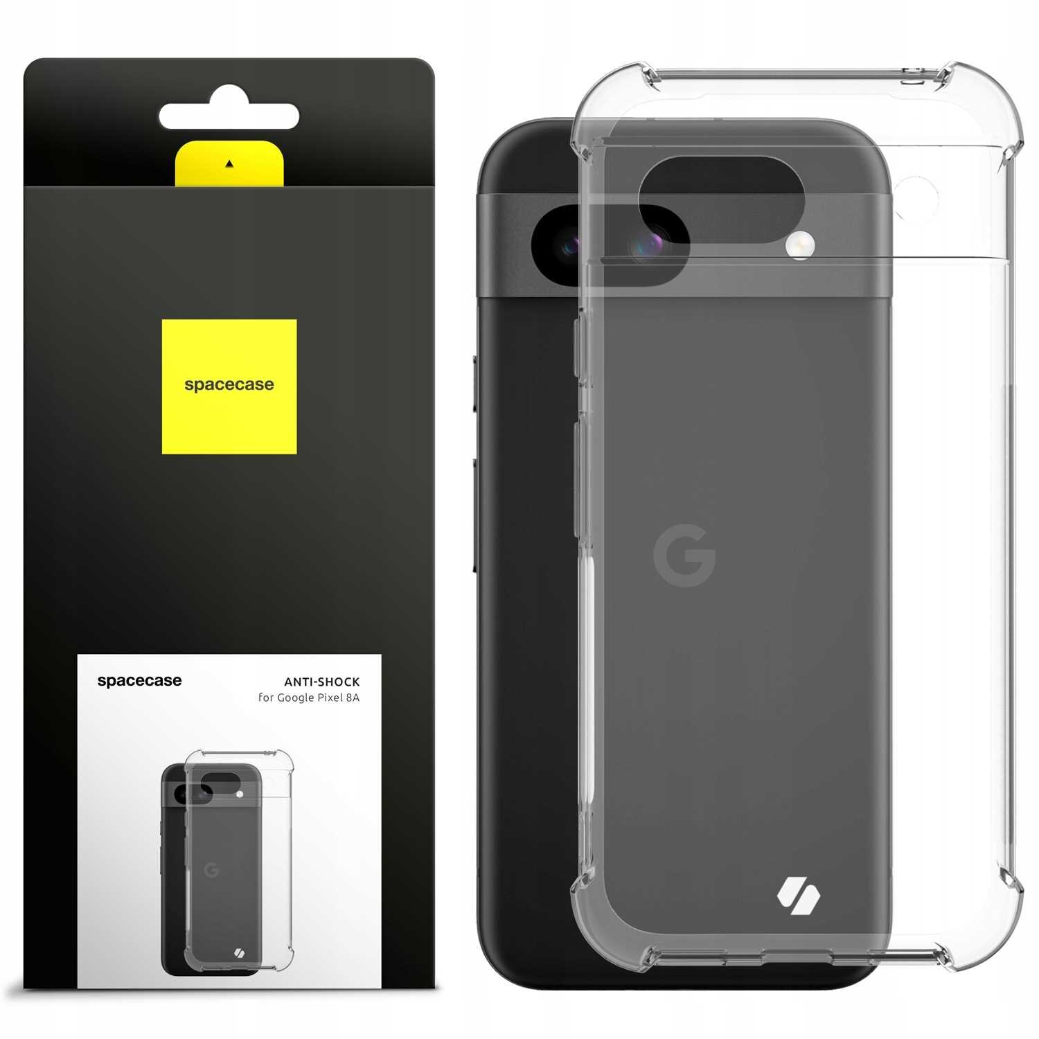 Obraz przedstawia przezroczyste silikonowe etui SPACECASE Anti-shock do Google Pixel 8A oraz jego opakowanie z logo \'spacecase\'.