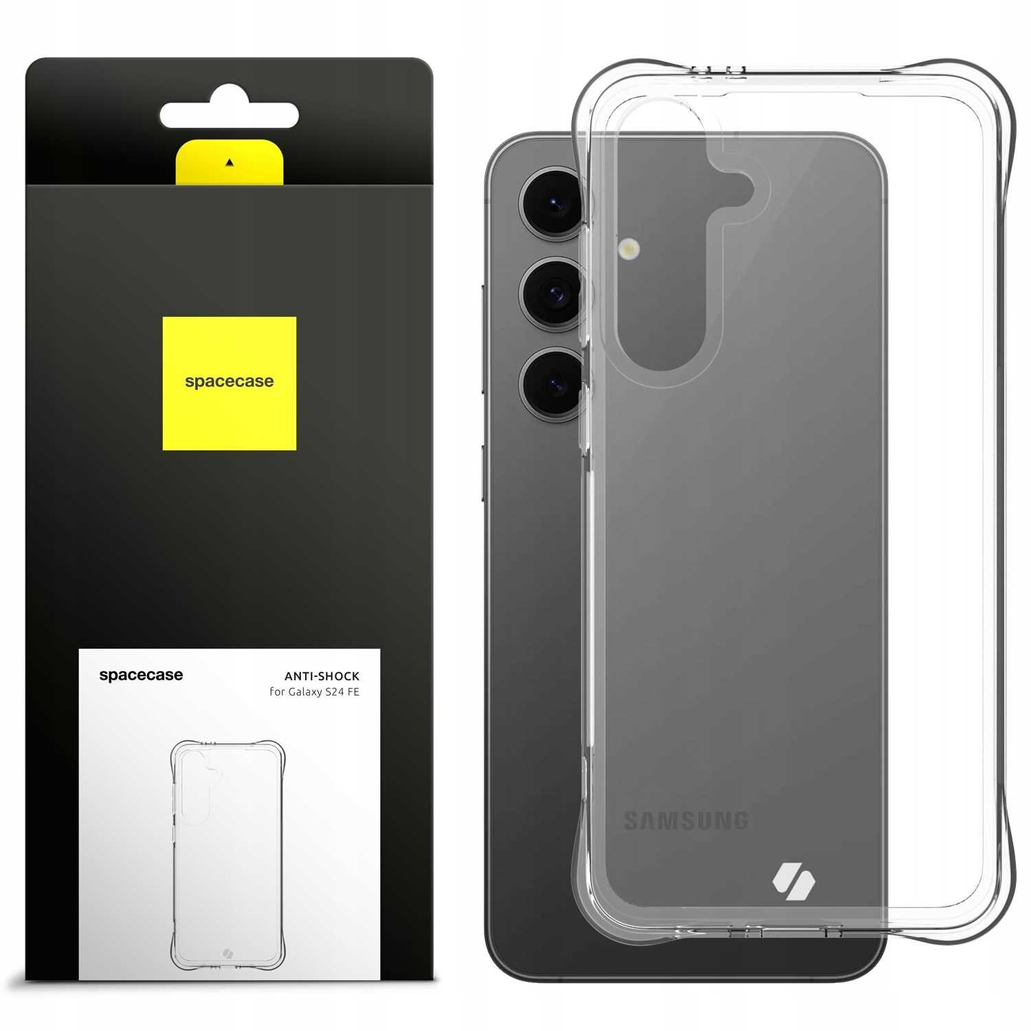 Obraz przedstawia przezroczyste silikonowe etui SPACECASE Anti-shock do Galaxy S24 FE oraz jego opakowanie. Na opakowaniu widnieje logo \'spacecase\' na żółtym tle oraz napis \'ANTI-SHOCK for Galaxy S24 FE\'.