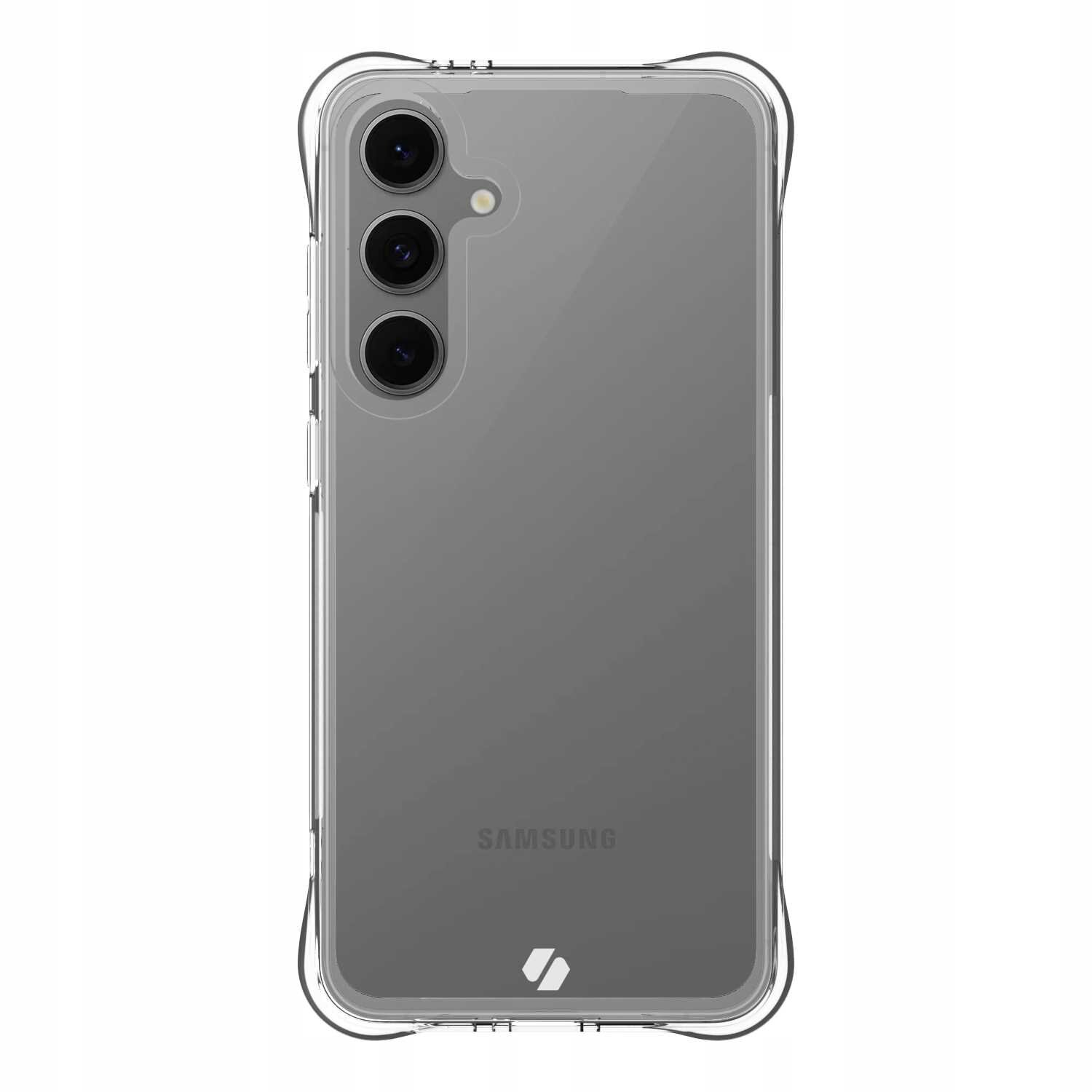 Przezroczyste silikonowe etui na telefon z trzema widocznymi aparatami i logo Samsung na dole. Etui ma zaokrąglone rogi i dodatkowe wzmocnienia na krawędziach.