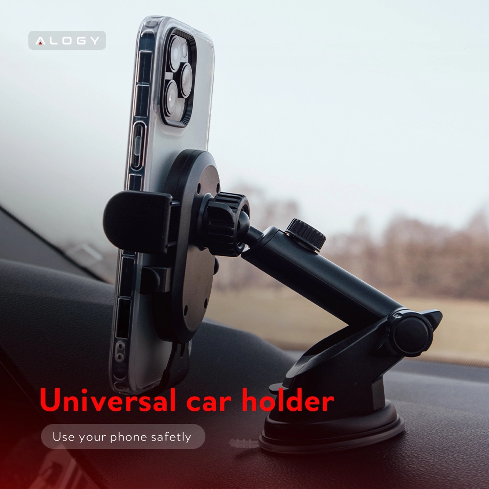 Na zdjęciu widać uchwyt samochodowy z zamocowanym telefonem, umieszczony na desce rozdzielczej. Widoczny tekst to: \'ALOGY\', \'Universal car holder\', \'Use your phone safely\'.