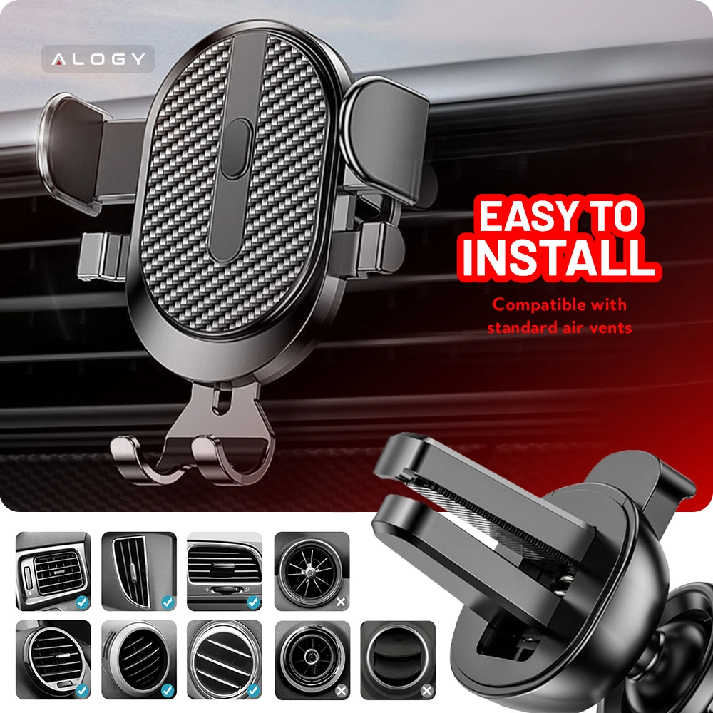 Uchwyt samochodowy grawitacyjny do telefonu z logo Alogy, z teksturą przypominającą włókno węglowe. Obok widoczny jest napis \'EASY TO INSTALL\' oraz \'Compatible with standard air vents\'.
