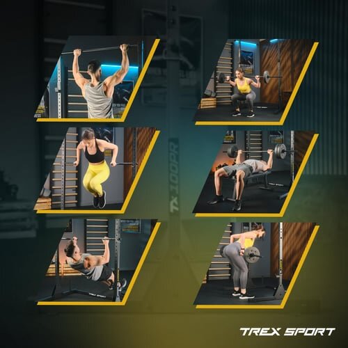 Na obrazie znajduje się sześć zdjęć przedstawiających osobę ćwiczącą na stacji do ćwiczeń. W prawym dolnym rogu widoczne jest logo \'TREX SPORT\'.