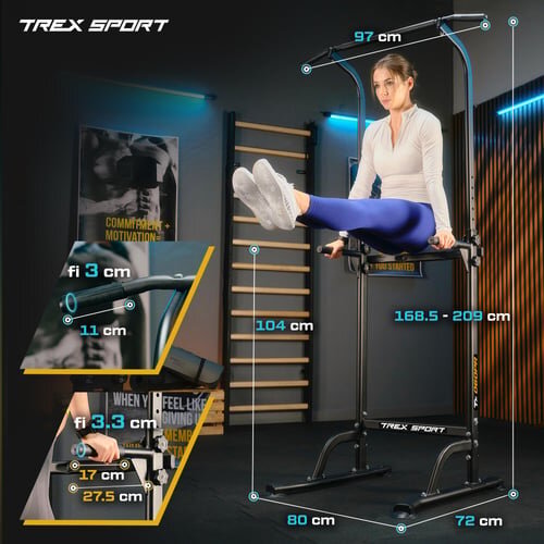 Kobieta ćwiczy na czarnej, wielofunkcyjnej stacji do ćwiczeń TREX SPORT z drążkiem do podciągania. Na obrazie widoczne są wymiary sprzętu oraz detale konstrukcji, takie jak średnice rur i wysokość.