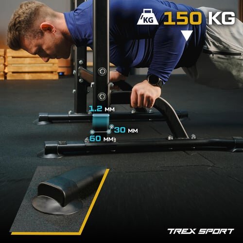 Osoba wykonuje ćwiczenie na czarnej poręczy stacjonarnej z oznaczeniem udźwigu 150 kg. Widoczne są wymiary elementów konstrukcji: 1.2 mm, 30 mm, 60 mm oraz logo TREX SPORT.
