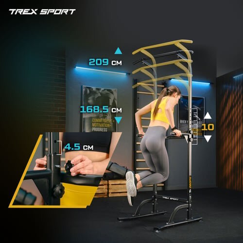 Osoba ćwiczy na czarnej poręczy stacjonarnej z drążkiem do podciągania marki TREX SPORT. Na obrazie widoczne są wymiary: 209 cm, 168.5 cm, 10 cm i 4.5 cm.