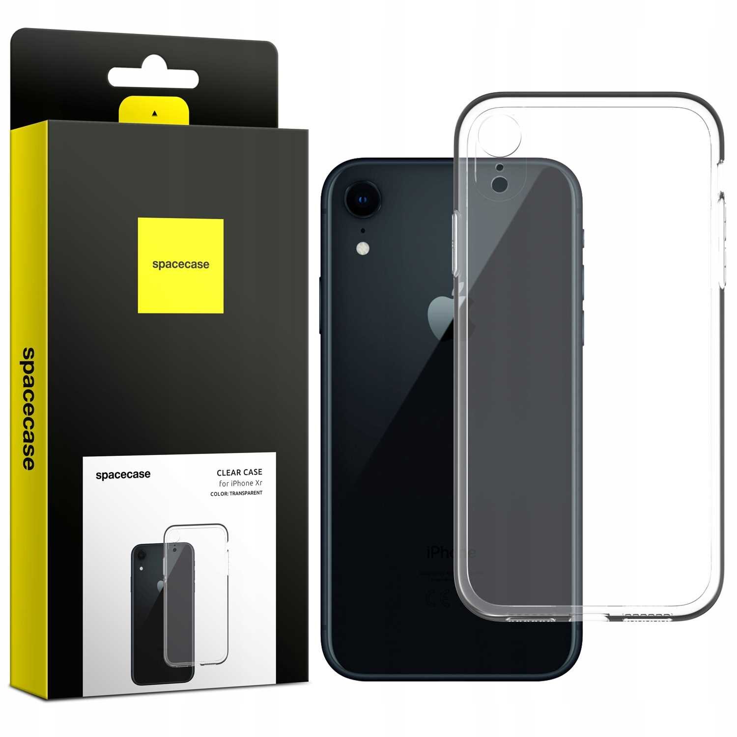 Obraz przedstawia przezroczyste silikonowe etui na telefon oraz jego opakowanie z logo \'spacecase\'. Na opakowaniu widnieje napis \'CLEAR CASE for iPhone XR\'.