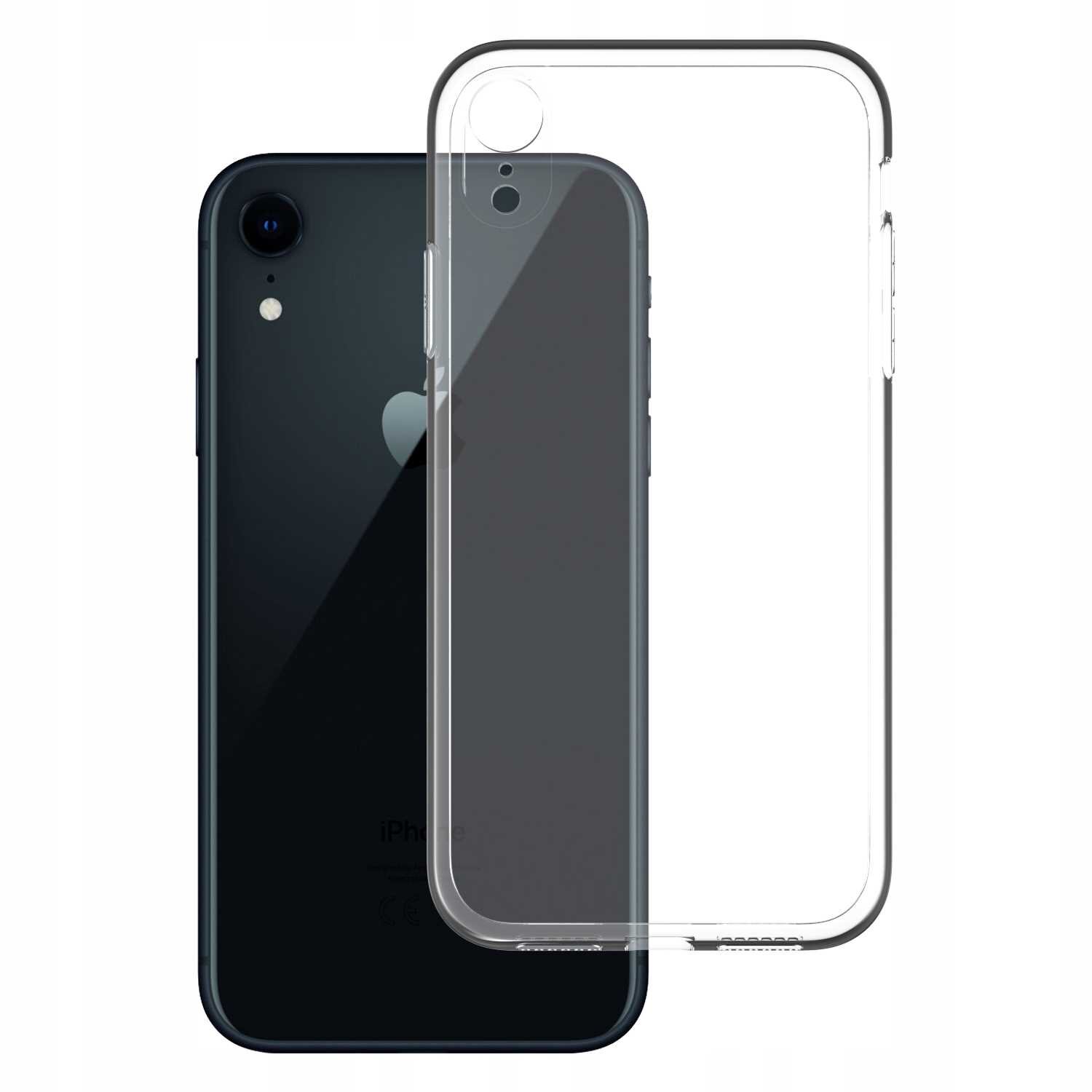 Na obrazie widoczny jest przezroczysty silikonowy case na telefon, umieszczony obok czarnego smartfona z logo w kształcie jabłka.