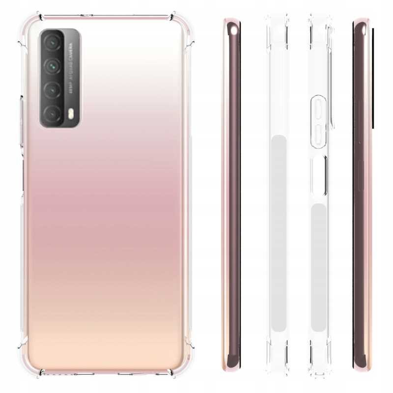 Obraz przedstawia przezroczyste silikonowe etui na telefon z widocznymi wzmocnieniami na rogach. Etui jest pokazane z różnych perspektyw, w tym z tyłu i z boku.