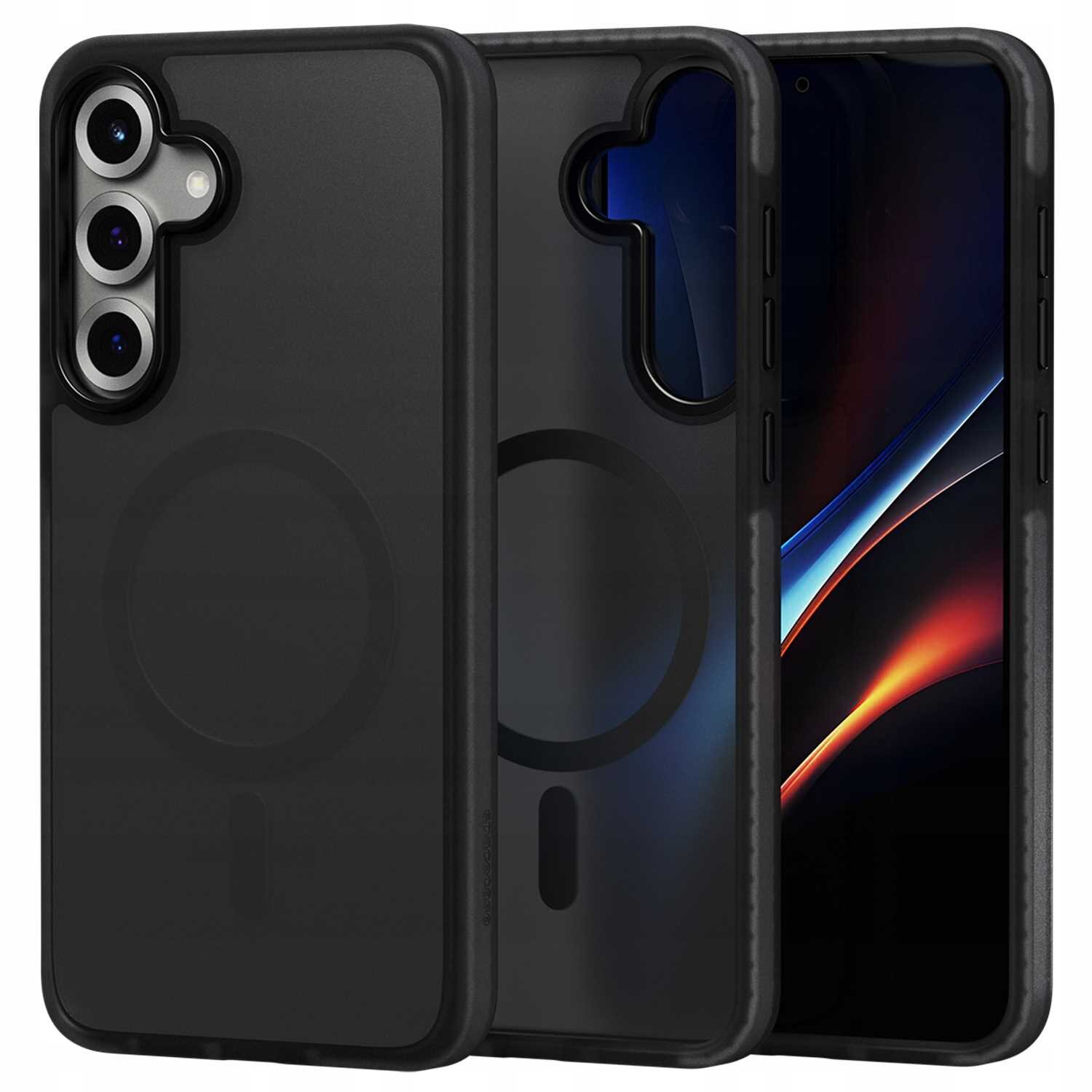 Obraz przedstawia czarne etui magnetyczne z trzema otworami na aparaty fotograficzne oraz okrągłym wzorem na tylnej części. Etui jest przeznaczone do telefonu Galaxy S25+.