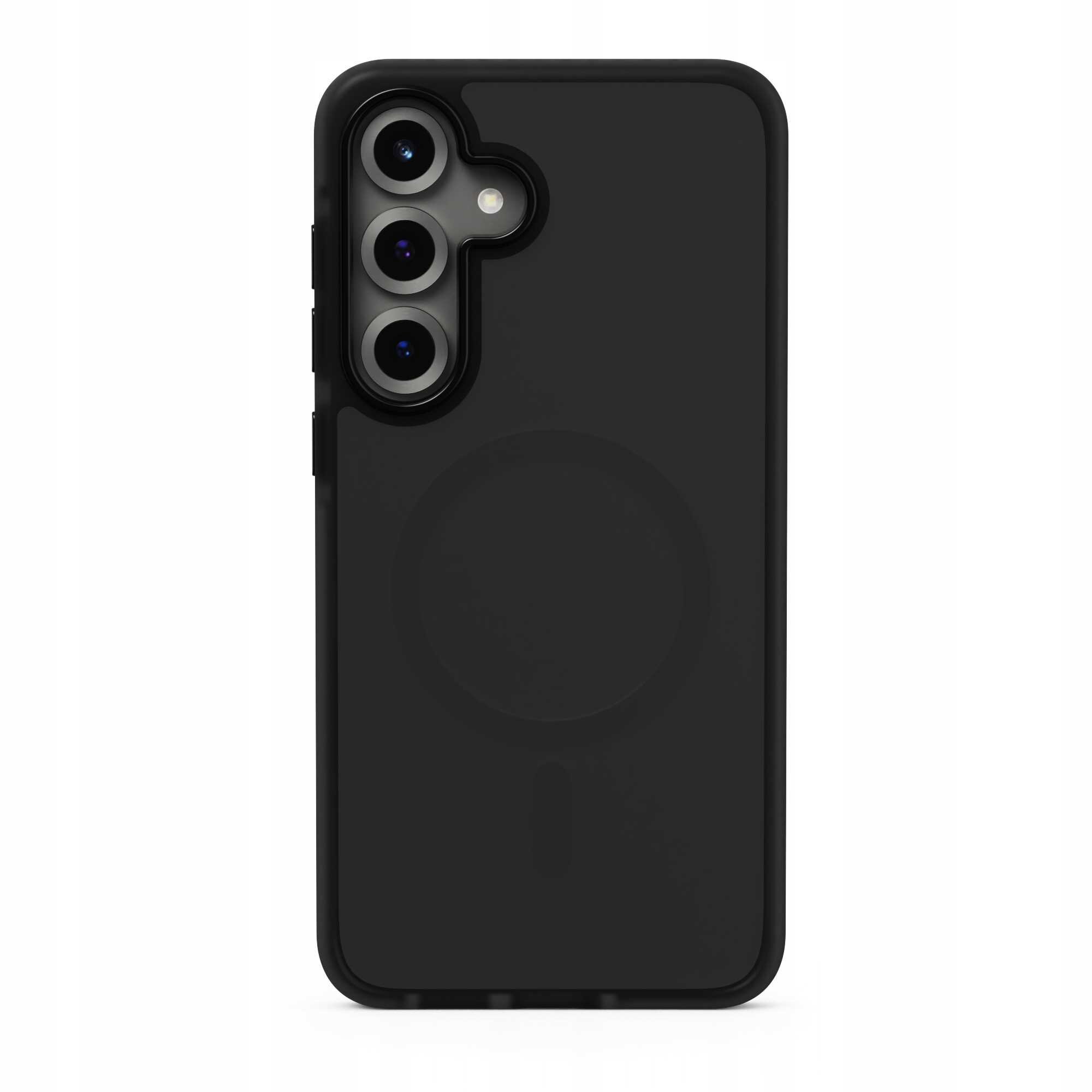 Czarne etui na telefon z trzema wycięciami na aparaty i okrągłym wzorem na środku. Etui ma matowe wykończenie i jest przeznaczone do modelu Galaxy S25+.
