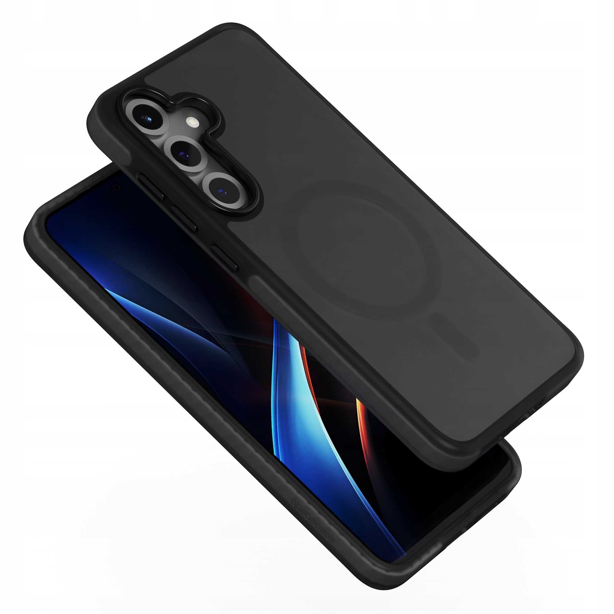 Czarne etui magnetyczne z trzema otworami na aparaty, przeznaczone do smartfona. Widoczny jest również telefon z wyświetlaczem pokazującym abstrakcyjny wzór w ciemnych kolorach.