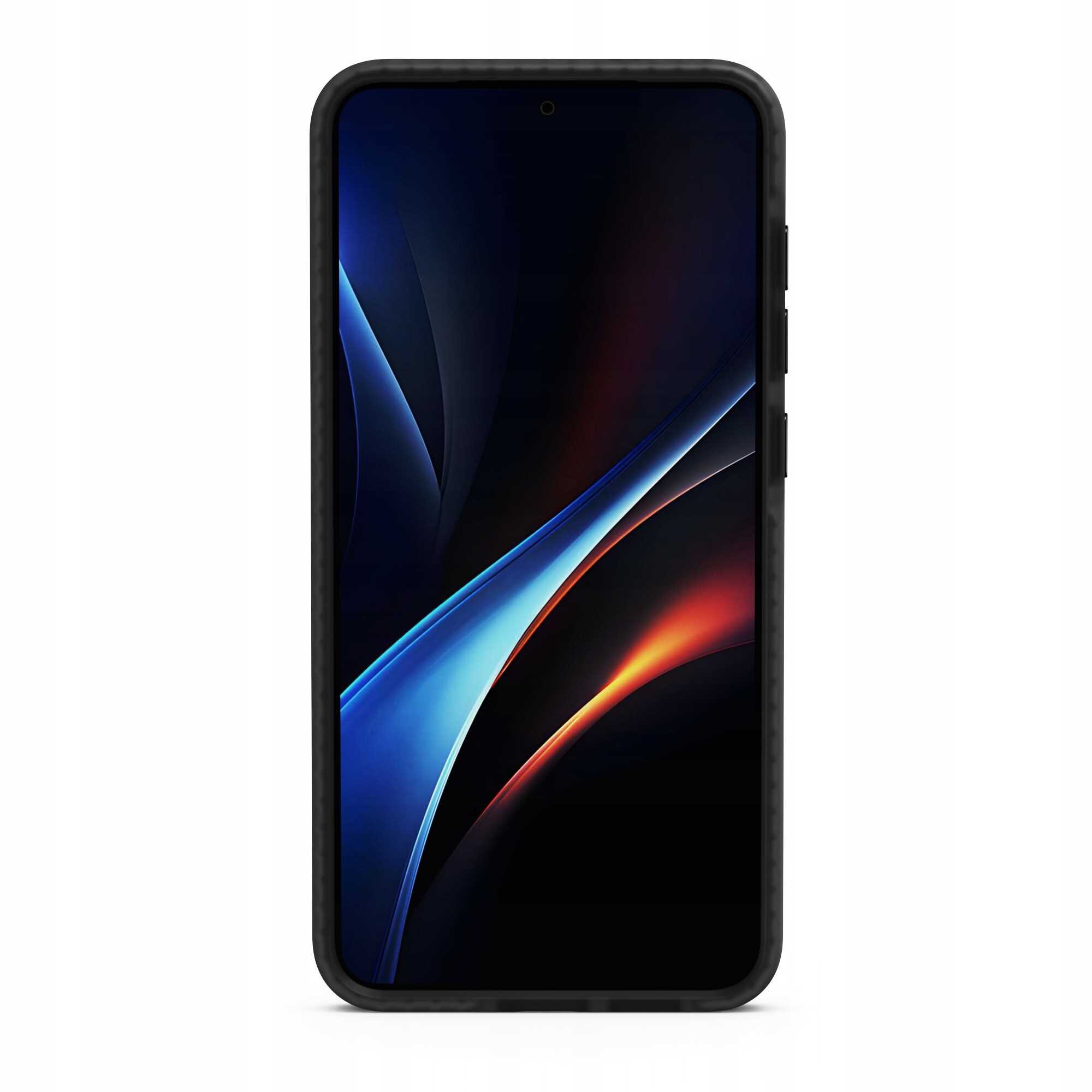 Na obrazie widoczny jest smartfon w czarnym etui z wyświetlaczem pokazującym abstrakcyjną grafikę w odcieniach niebieskiego i pomarańczowego. Etui ma wyraźnie zaznaczone przyciski boczne.