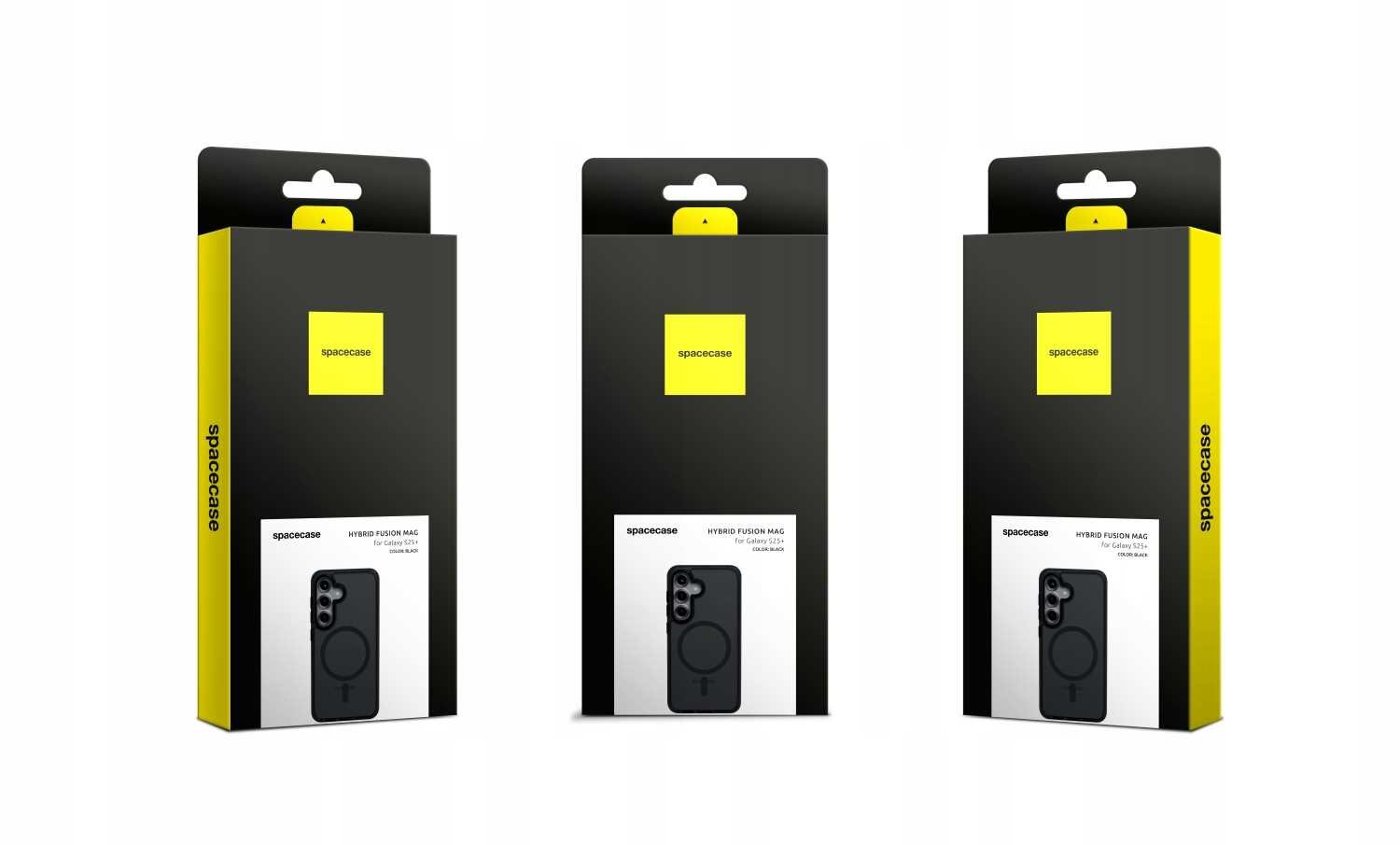 Trzy czarne opakowania z żółtymi elementami, każde z logo \'spacecase\' i zdjęciem etui na telefon. Na opakowaniach widnieje napis \'HYBRID MAGCASE for iPhone 14 Pro\'.