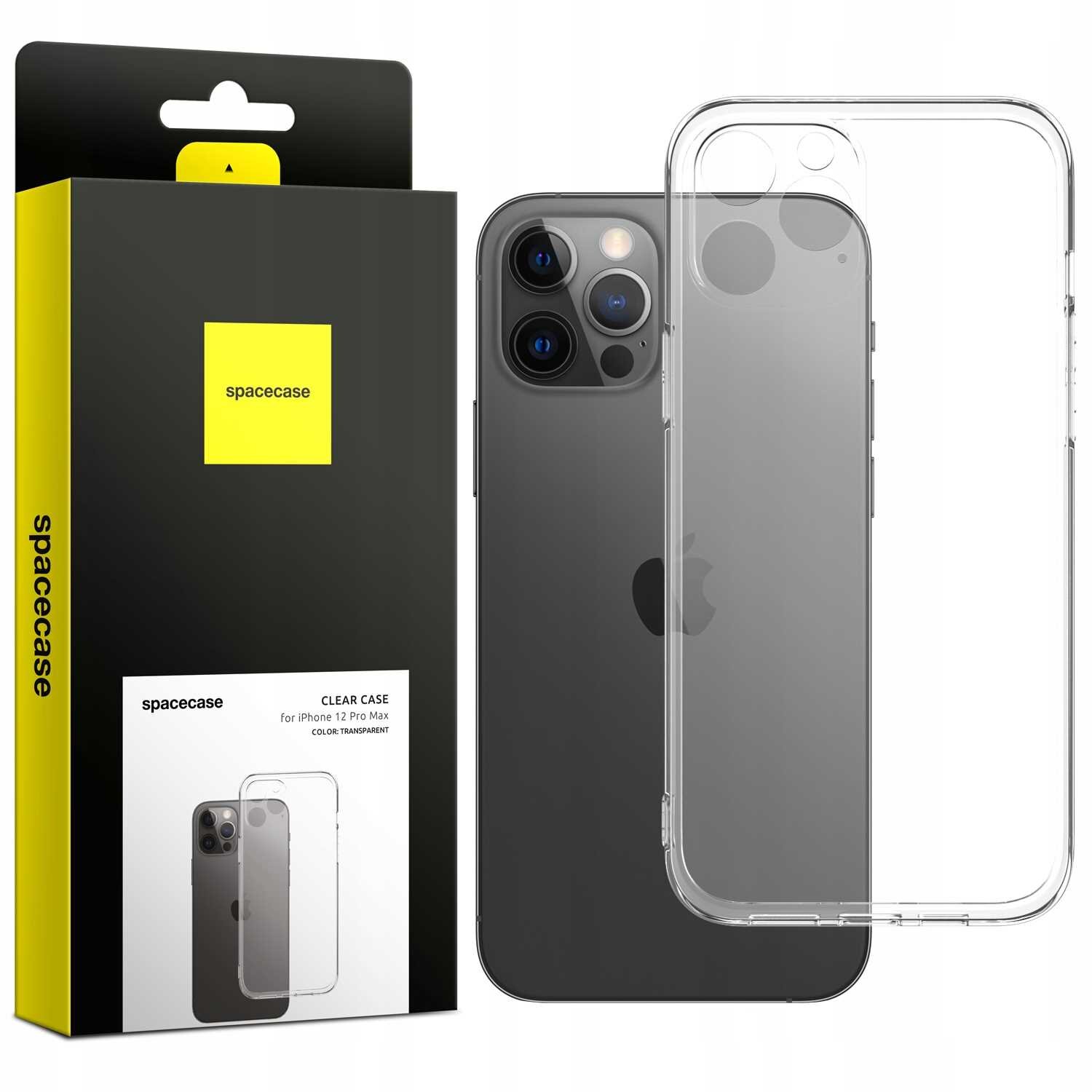 Obraz przedstawia przezroczyste silikonowe etui na telefon oraz opakowanie z napisem \'spacecase\'. Etui jest dopasowane do modelu iPhone 12 Pro Max.