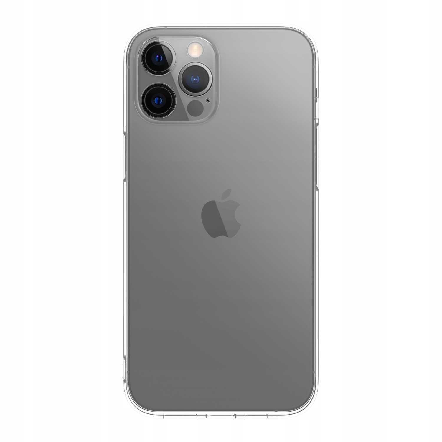 Przezroczyste etui na telefon z widocznym logo jabłka oraz trzema obiektywami aparatu i lampą błyskową.