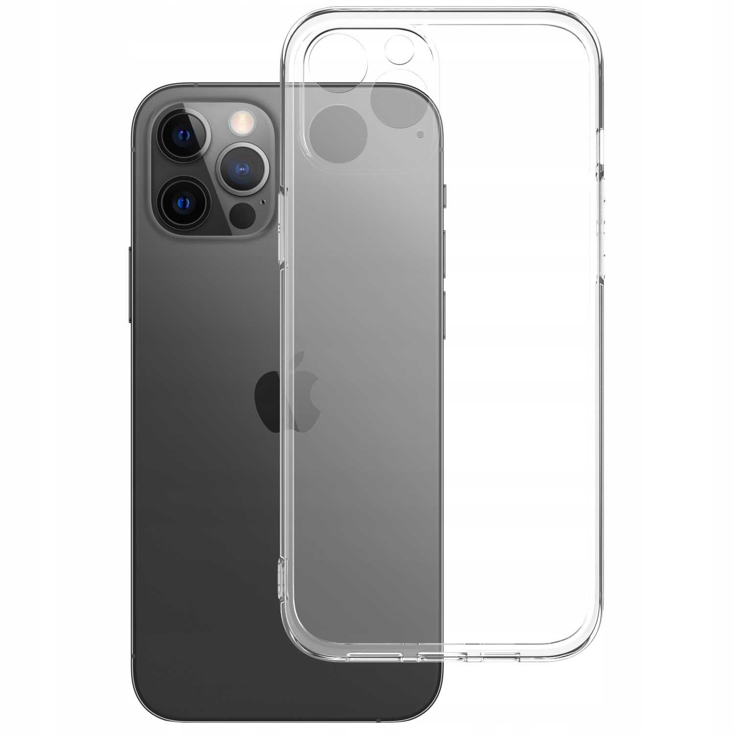 Na obrazie widoczne jest przezroczyste silikonowe etui na smartfon, które jest umieszczone obok ciemnego telefonu z trzema obiektywami aparatu. Etui jest dopasowane do kształtu telefonu, z wycięciami na aparat i przyciski.