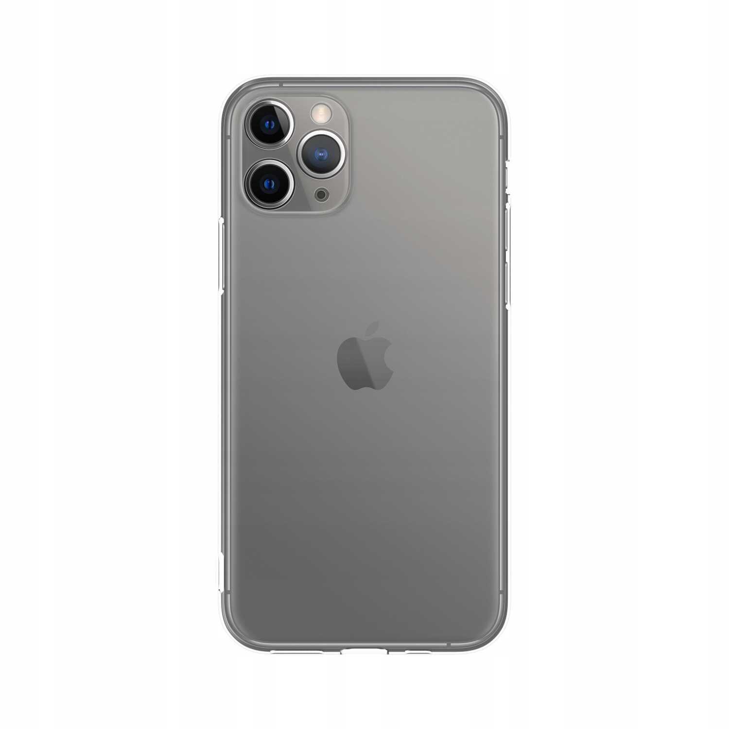 Przezroczyste silikonowe etui na telefon z widocznym logo w kształcie jabłka. Etui jest dopasowane do modelu z trzema obiektywami aparatu.