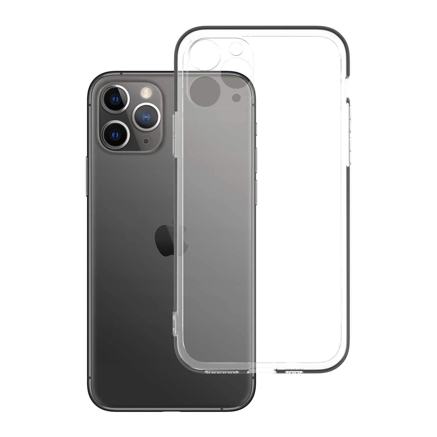 Na obrazie widoczny jest przezroczysty silikonowy futerał na smartfon, umieszczony przed ciemnym telefonem z trzema obiektywami aparatu. Logo producenta telefonu jest widoczne na tylnej obudowie urządzenia.