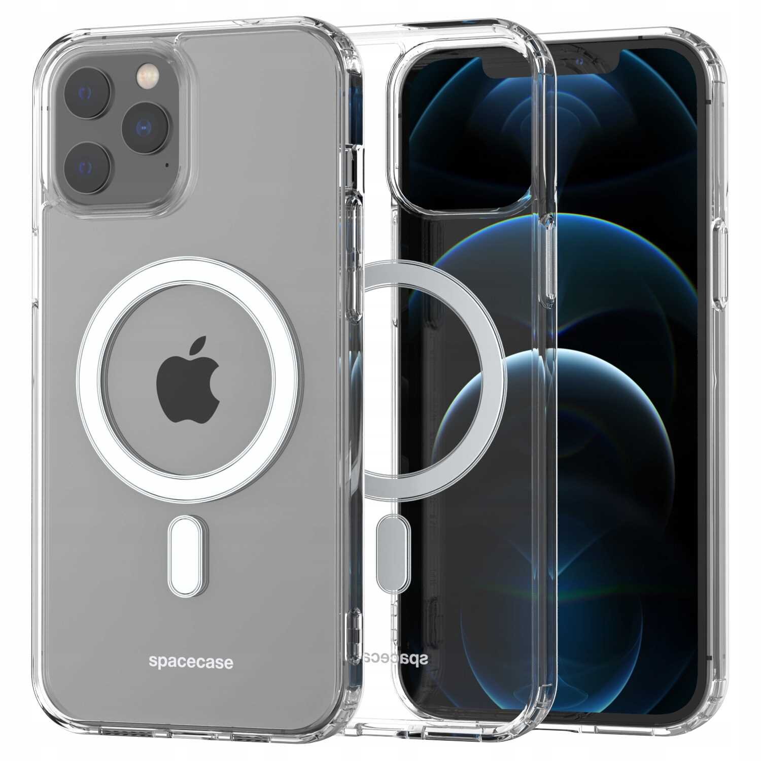 Przezroczyste etui magnetyczne na telefon z widocznym logo jabłka i napisem \'spacecase\'. Etui posiada okrągły wzór na środku, sugerujący funkcję magnetyczną.
