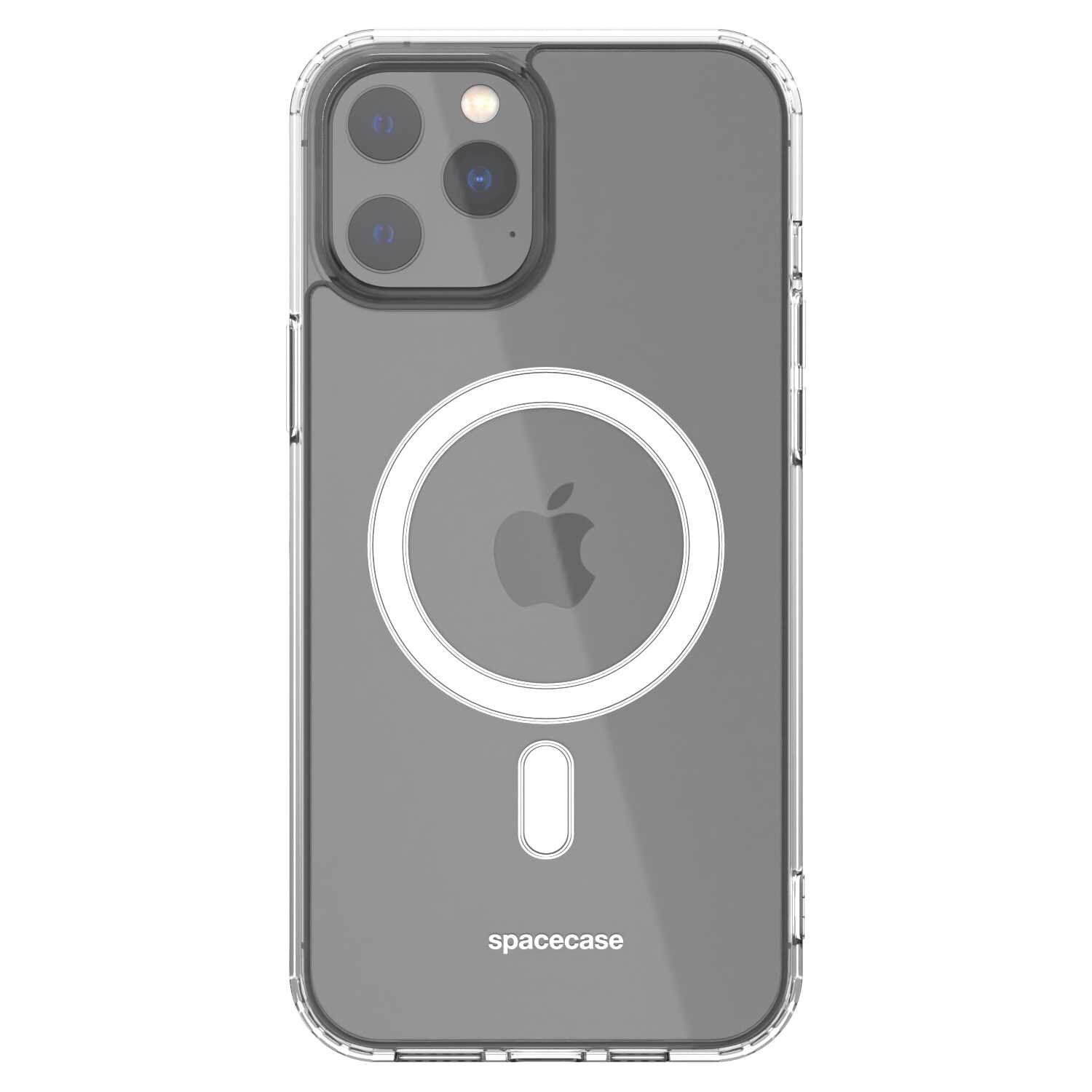 Przezroczyste etui na telefon z widocznym logo w kształcie jabłka oraz napisem \'spacecase\' na dole. Etui posiada okrągły wzór na środku, sugerujący funkcję magnetyczną.