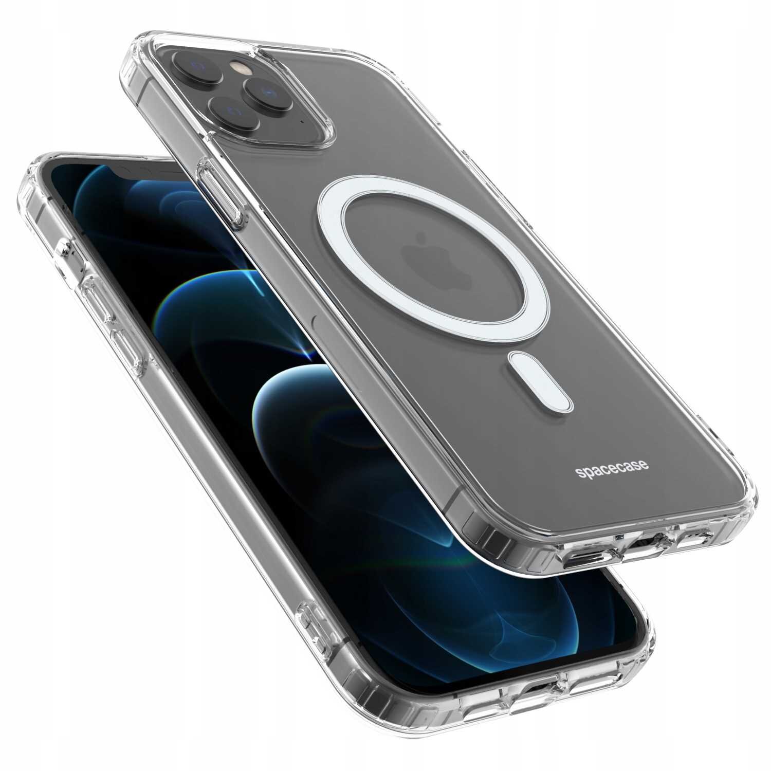 Przezroczyste etui magnetyczne na telefon z widocznym okrągłym wzorem na tylnej części. Na etui znajduje się napis \'spacecase\'.