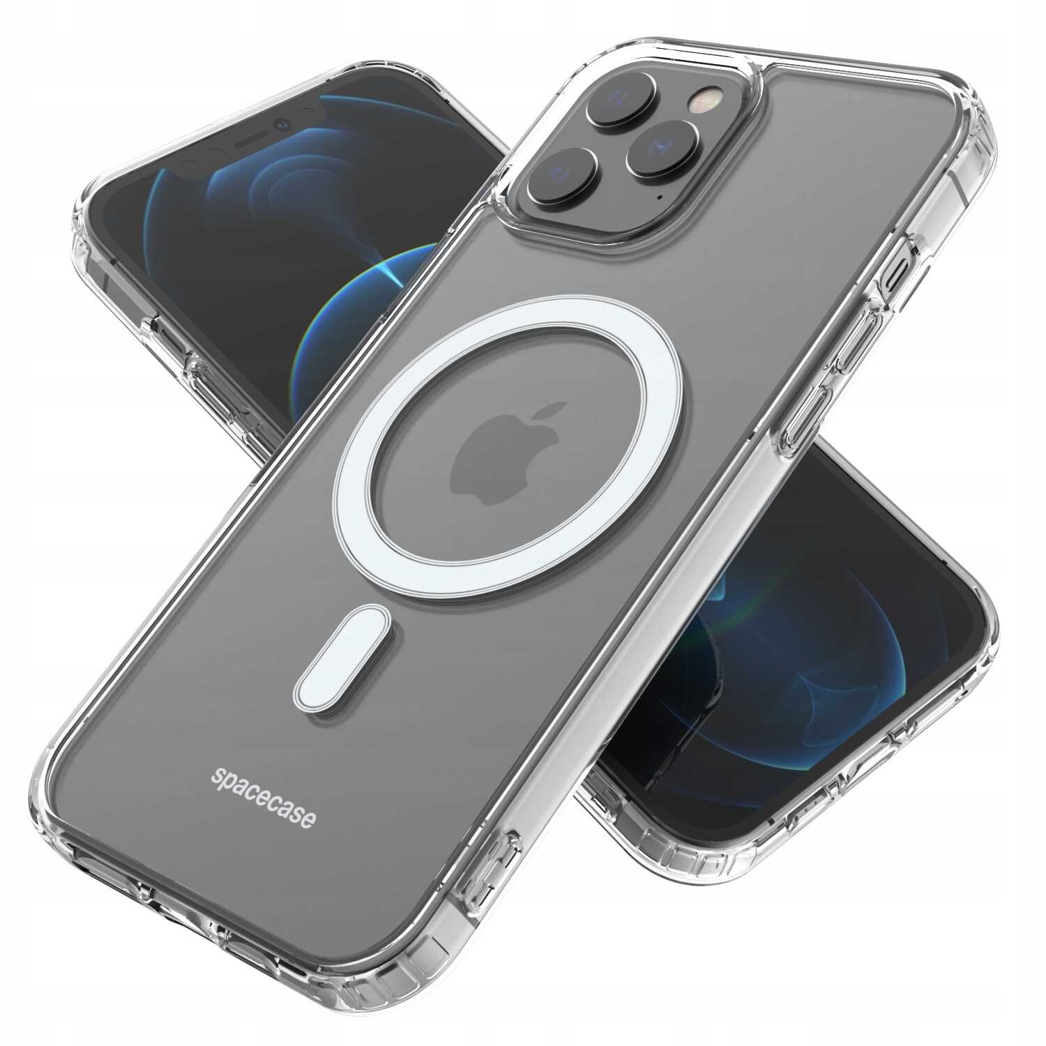 Przezroczyste etui magnetyczne z widocznym logo producenta na środku oraz napisem \'spacecase\' na dole. Etui jest dopasowane do telefonu z trzema obiektywami aparatu.