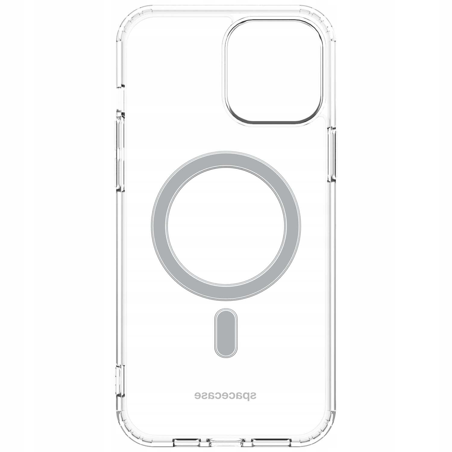 Przezroczyste etui z okrągłym wzorem i napisem \'spacecase\' na dole. Etui ma wycięcie na aparat w górnym rogu.
