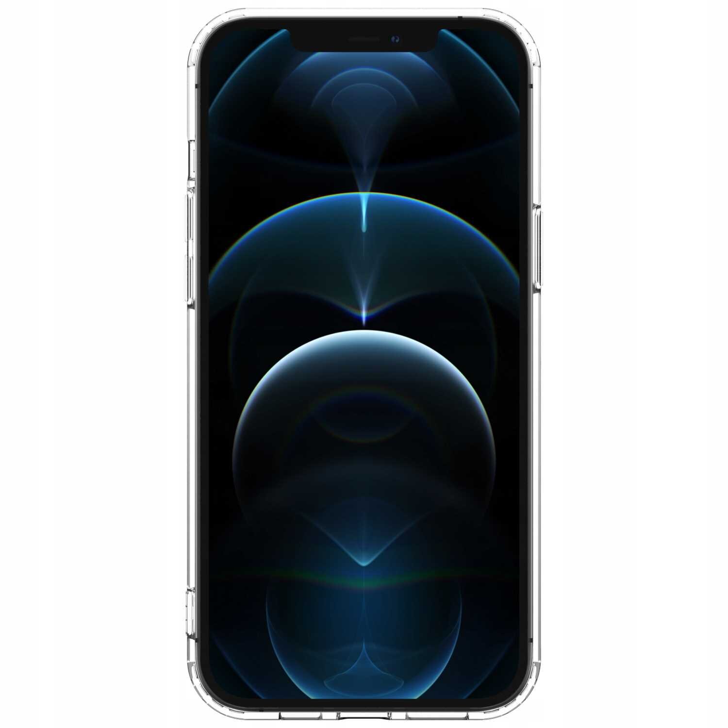 Na obrazie widoczny jest smartfon z przezroczystym etui, wyświetlający abstrakcyjną grafikę z niebieskimi i czarnymi okręgami. Etui jest dopasowane do kształtu telefonu, z widocznymi przyciskami bocznymi.