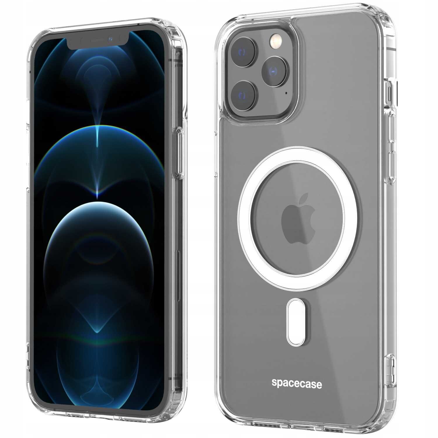 Obraz przedstawia przezroczyste etui magnetyczne na telefon z widocznym logo w kształcie jabłka oraz napisem \'spacecase\'.