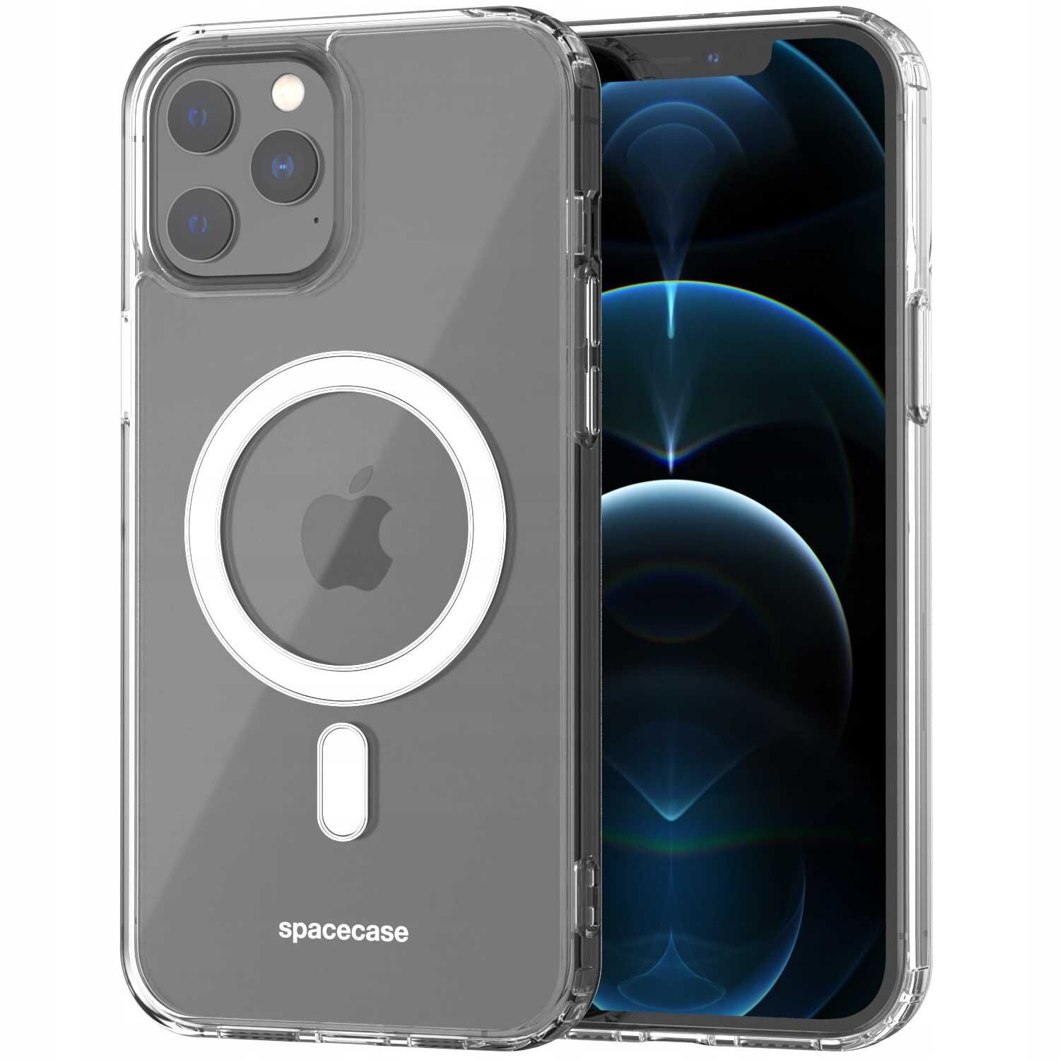 Przezroczyste etui magnetyczne na telefon z widocznym logo Apple i napisem \'spacecase\'.