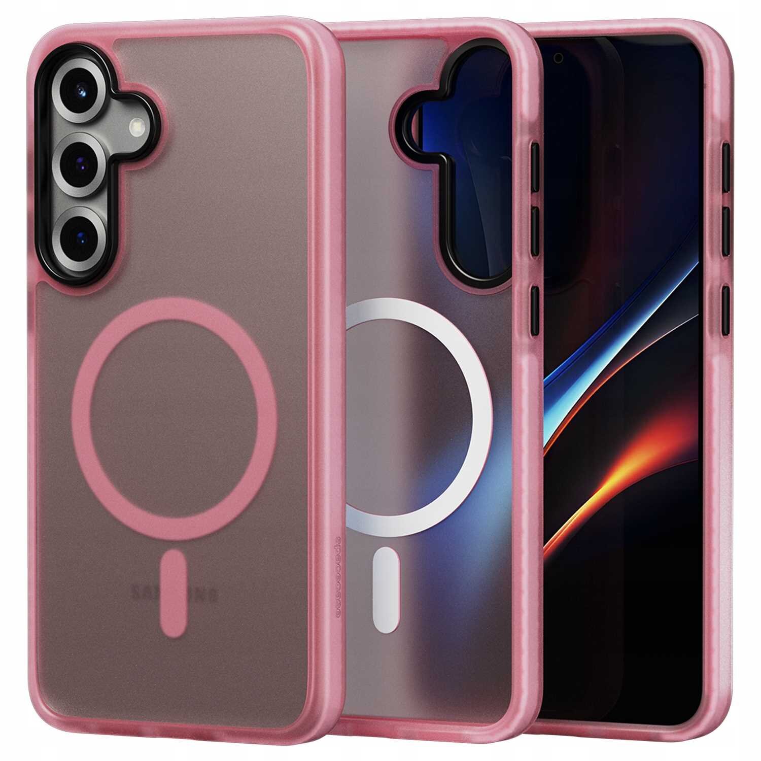 Obraz przedstawia różowe etui magnetyczne z przezroczystym tyłem i okrągłym wzorem, przeznaczone do telefonu Galaxy S25+. Etui ma wycięcia na aparat i przyciski boczne.