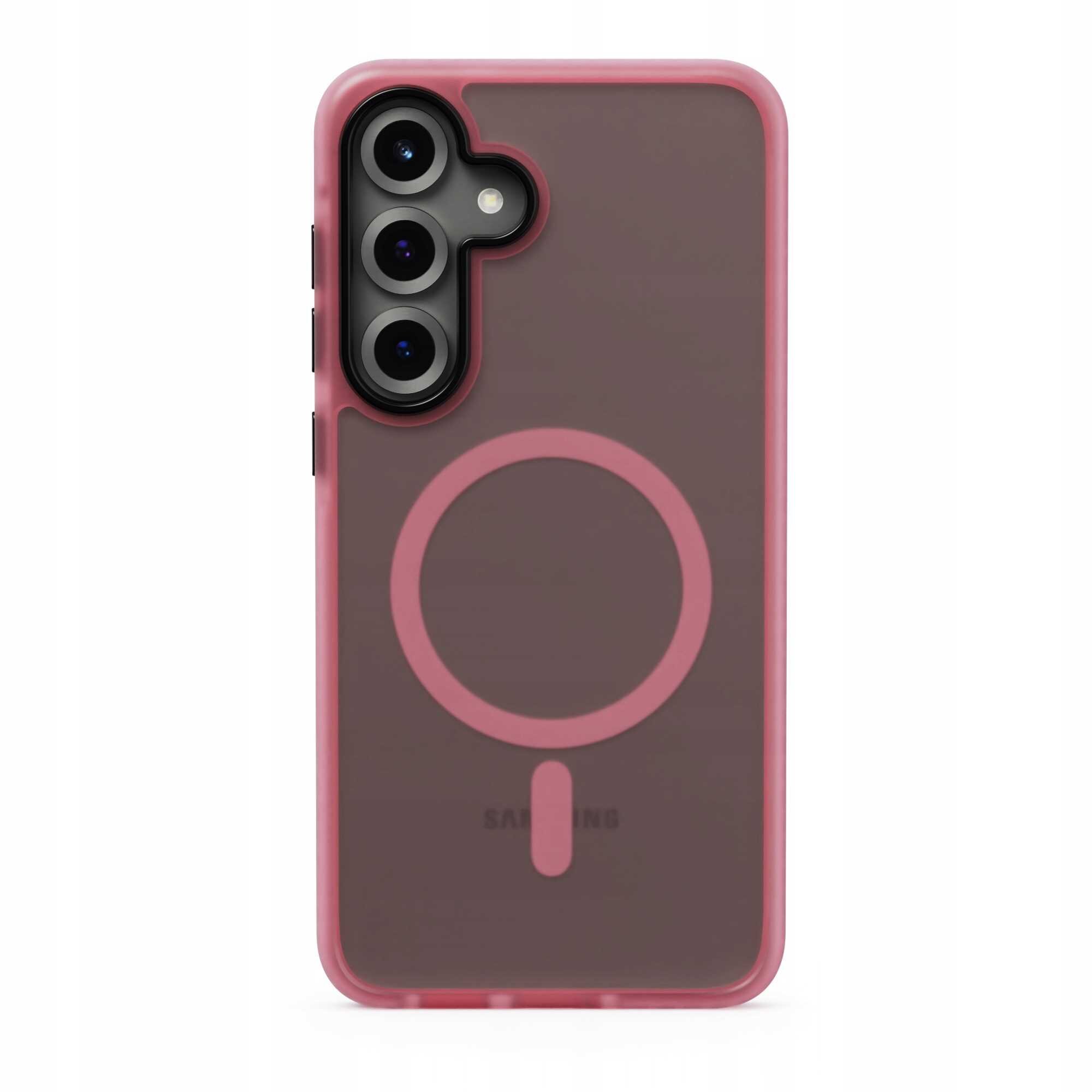 Etui magnetyczne w kolorze różowym z przezroczystym tyłem, posiada okrągły wzór i wycięcia na trzy obiektywy aparatu oraz logo \'SAMSUNG\'.