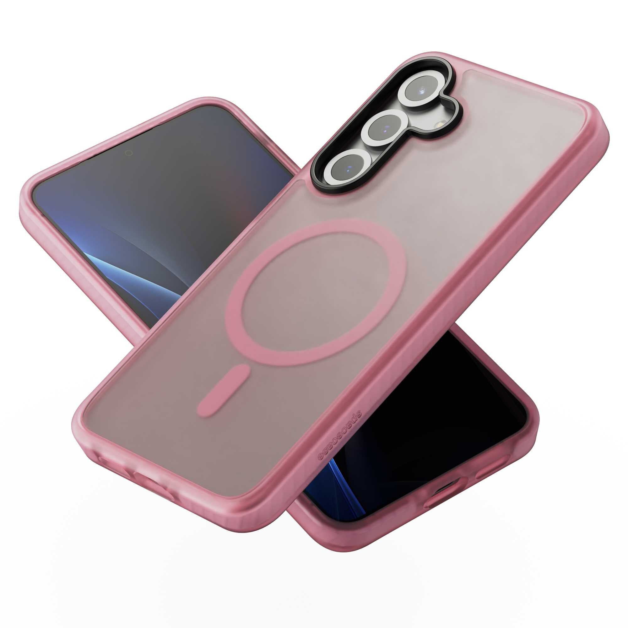 Różowe etui magnetyczne z przezroczystym tyłem i okrągłym wzorem, przeznaczone do telefonu z trzema obiektywami aparatu. Na etui widoczny jest napis \'SPACECASE\'.