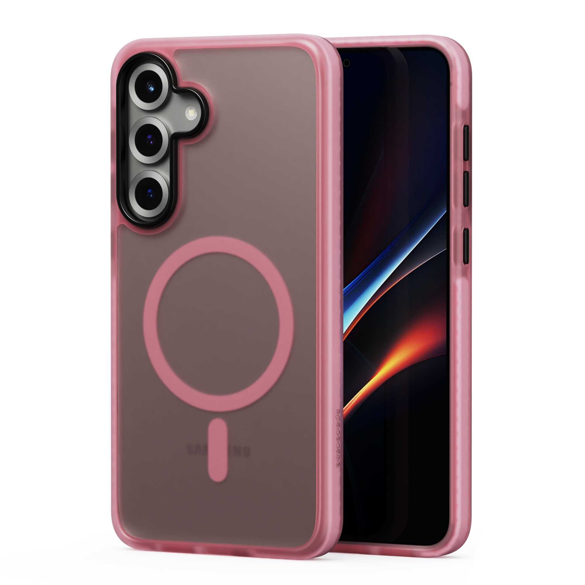 Różowe etui magnetyczne na telefon z trzema widocznymi obiektywami aparatu i okrągłym wzorem na tylnej części. Na etui widoczny jest napis \'SAMSUNG\'.