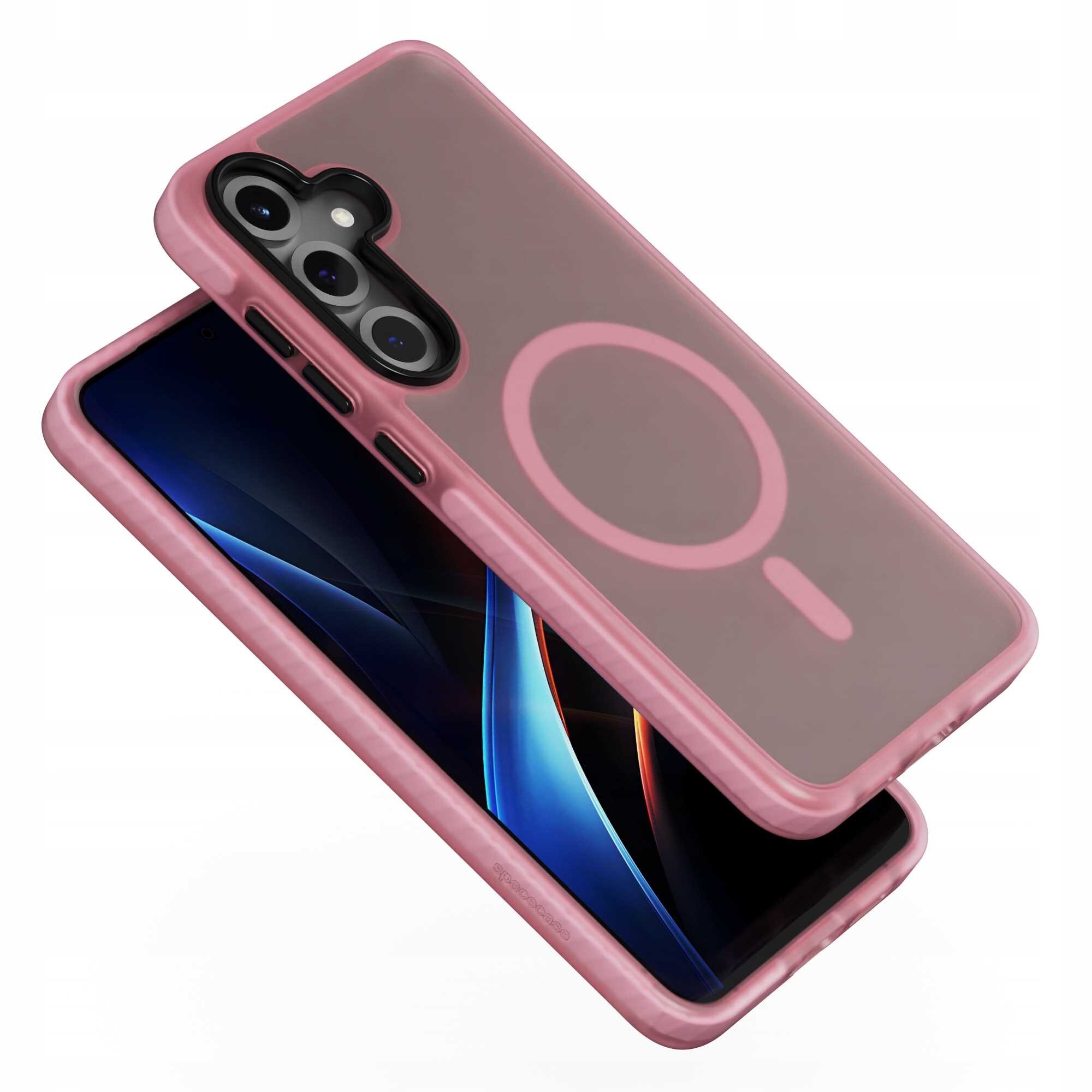 Różowe etui magnetyczne z przezroczystym tyłem i okrągłym wzorem, przeznaczone do telefonu z trzema obiektywami aparatu. Telefon w etui wyświetla abstrakcyjny, kolorowy wzór na ekranie.